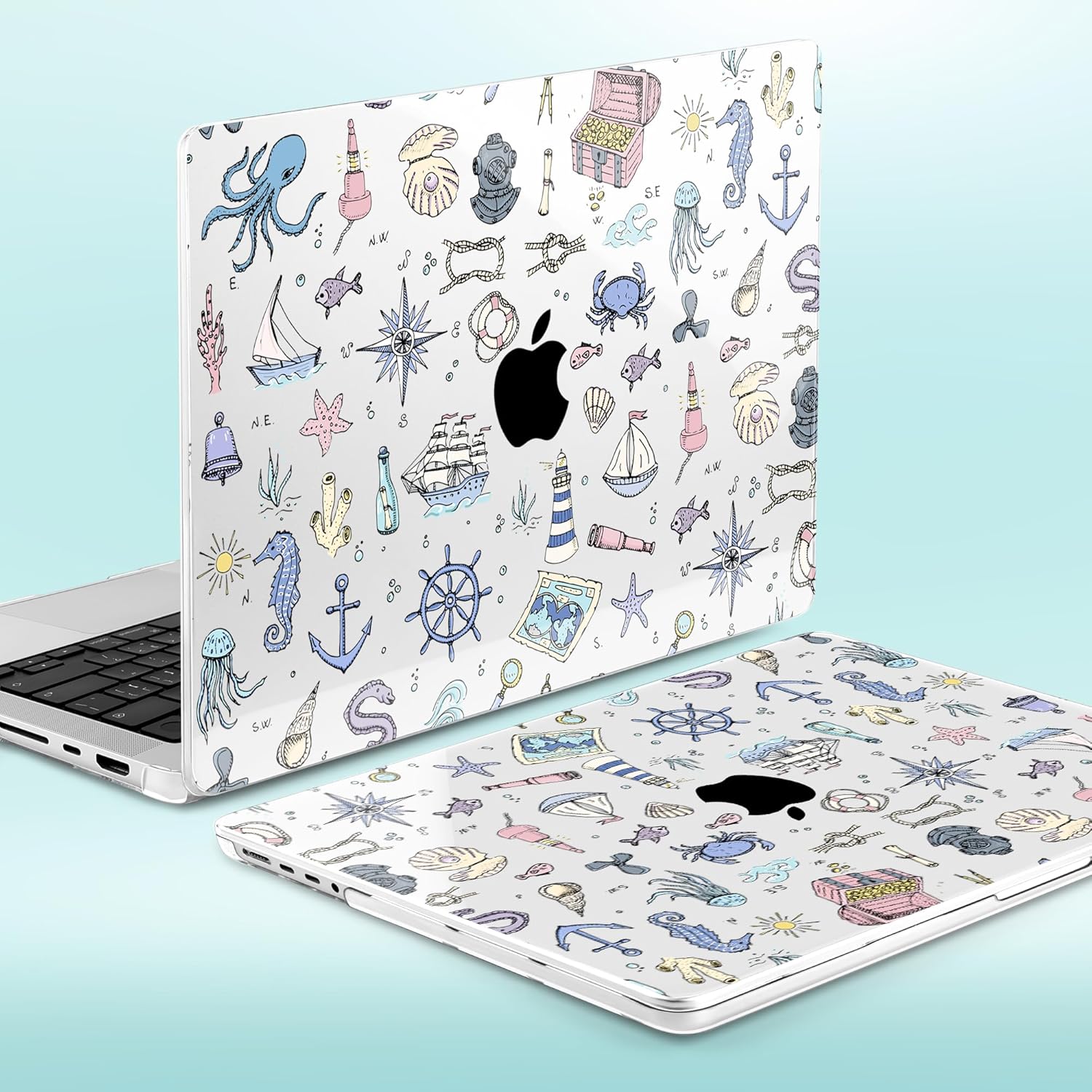 for M1 MacBook Air 13 inch Case 2021 2020 2019 2018 Model A2337/A2179/A1932, Laptop Hard Shell Case with Keyboard Cover & Trackpad Protector & 2 OTG Adapters, Sea Icons