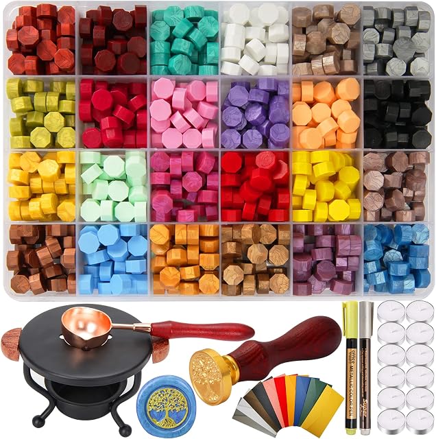 748Pcs Wax Seal Stamp Kit, WEWINK CUKOO Wax Sealing Beads Set with 12Pcs Tea Candles, 10Pcs Envelopes, 2Pcs Pen, Wax Seal Stamp, Wax Seal Warmer and Spoon for Crafts, DIY, Letter Decora (24 Colors).