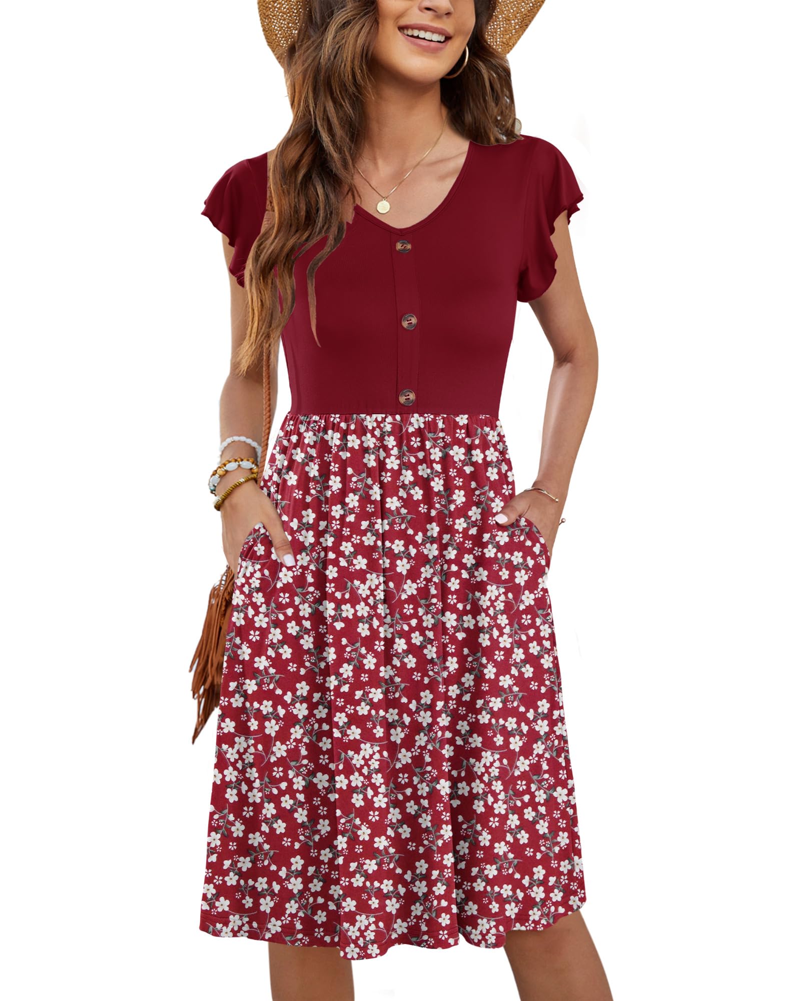 Molerani Women's Floral Red2 Summer Dresses For Uk Ruffle Sleeve Sundresses V Neck Dress Casual Beach Dresses Elastic Waist Midi Dress With Pockets Floral Red Xl
