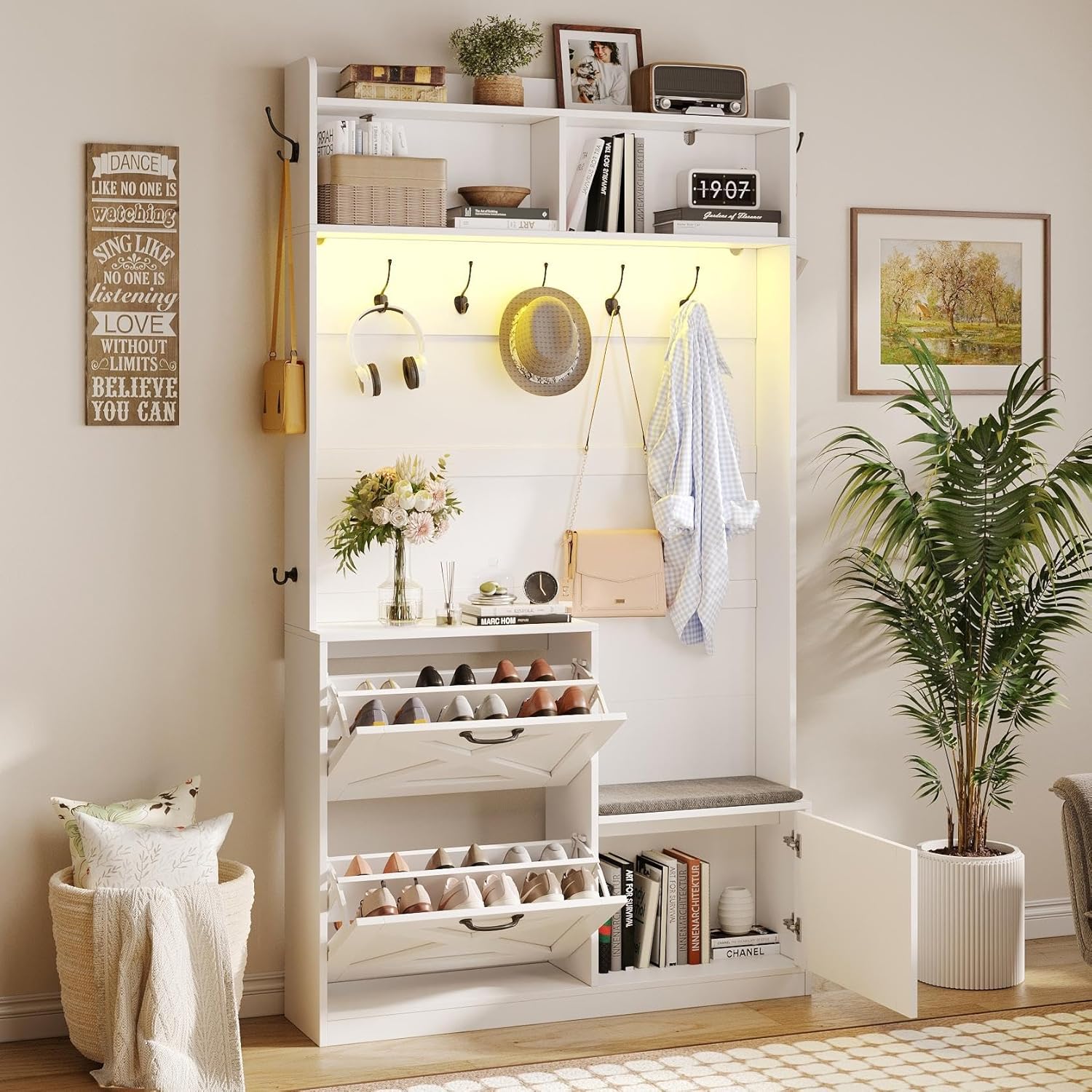 Maupvit Entryway Hall Tree with Bench and Shoe Storage, 5-in-1 Narrow Hall Tree with LED Light, Cushioned Stool & 9 Hooks, 2 Flip Drawers, 78" Coat Shoe Rack for Mudroom, Hallway, Living Room, White