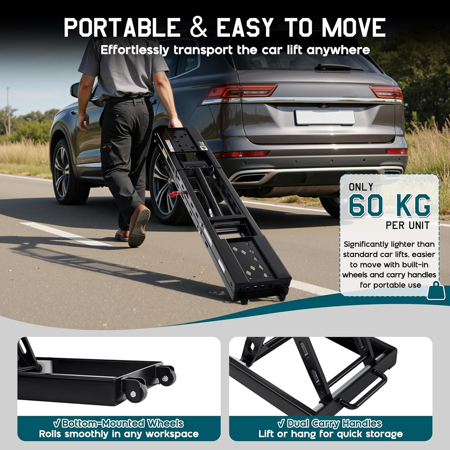 Albott 8000 LBS Portable Car Lift, Heavy-Duty Q355B Steel Construction Vehicle Lift, 25–30s Fast Cycle, Adjustable Height up to 27.4", Locking Levers & Extension Plate, Home Garage Use