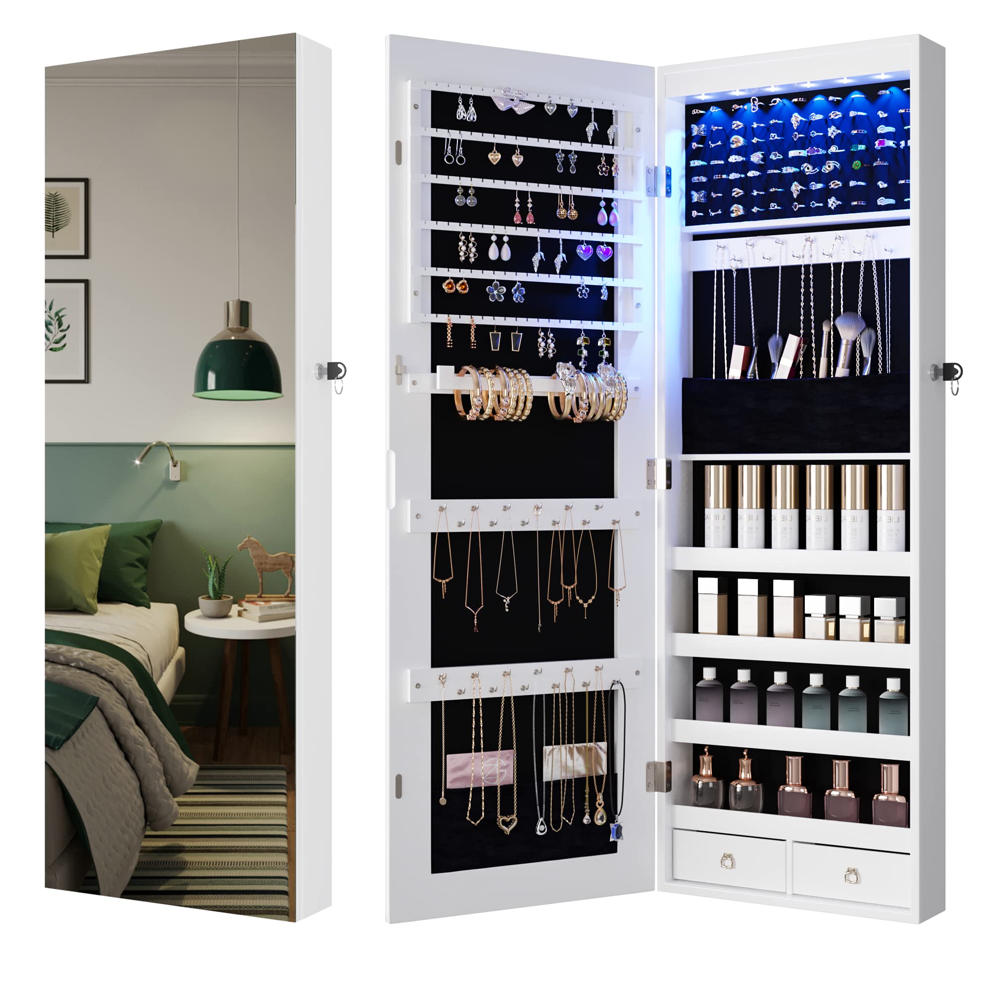 HNEBC Wall Mounted Jewelry Organizer with 6 LED Lights, Jewelry Armoire