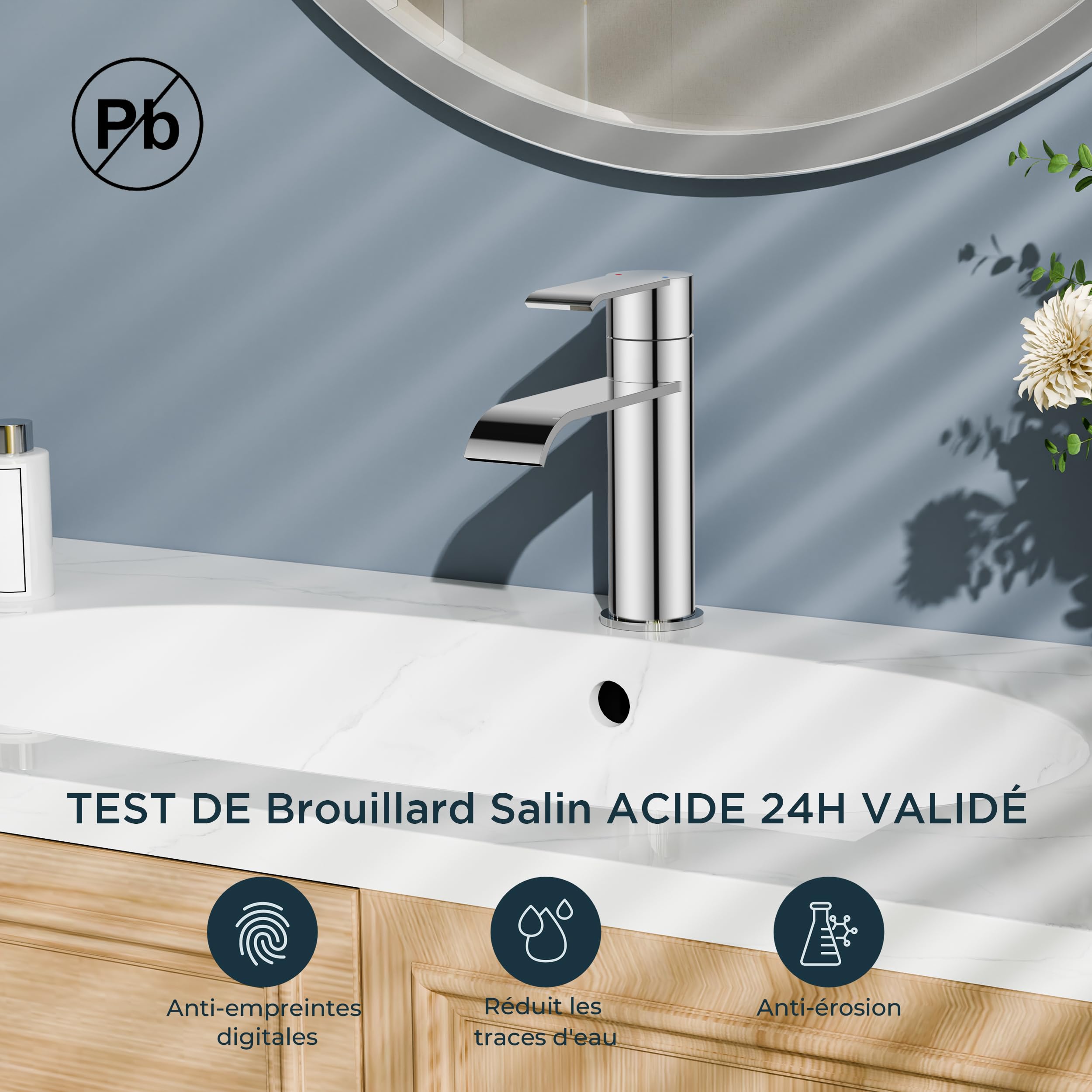 FORIOUS Robinet Salle De Bain Avec Bonde, Mitigeur Lavabo Monocommande, Robinet Lavabo Cascade-Hauteur De Bec 98MM, Armature Moderne Économe En Eau，Chrome