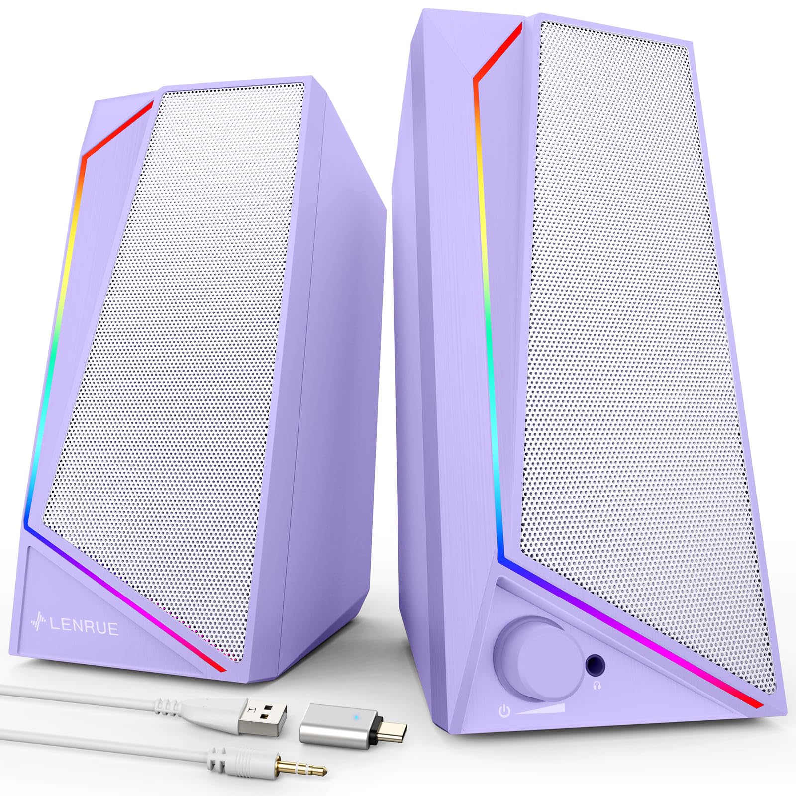 LENRUE Altoparlanti per computer, audio AUX alimentato tramite USB/USB-C per altoparlanti del PC con suono stereo forte, ingresso cuffie, luci touch per desktop, computer, laptop, scrivania