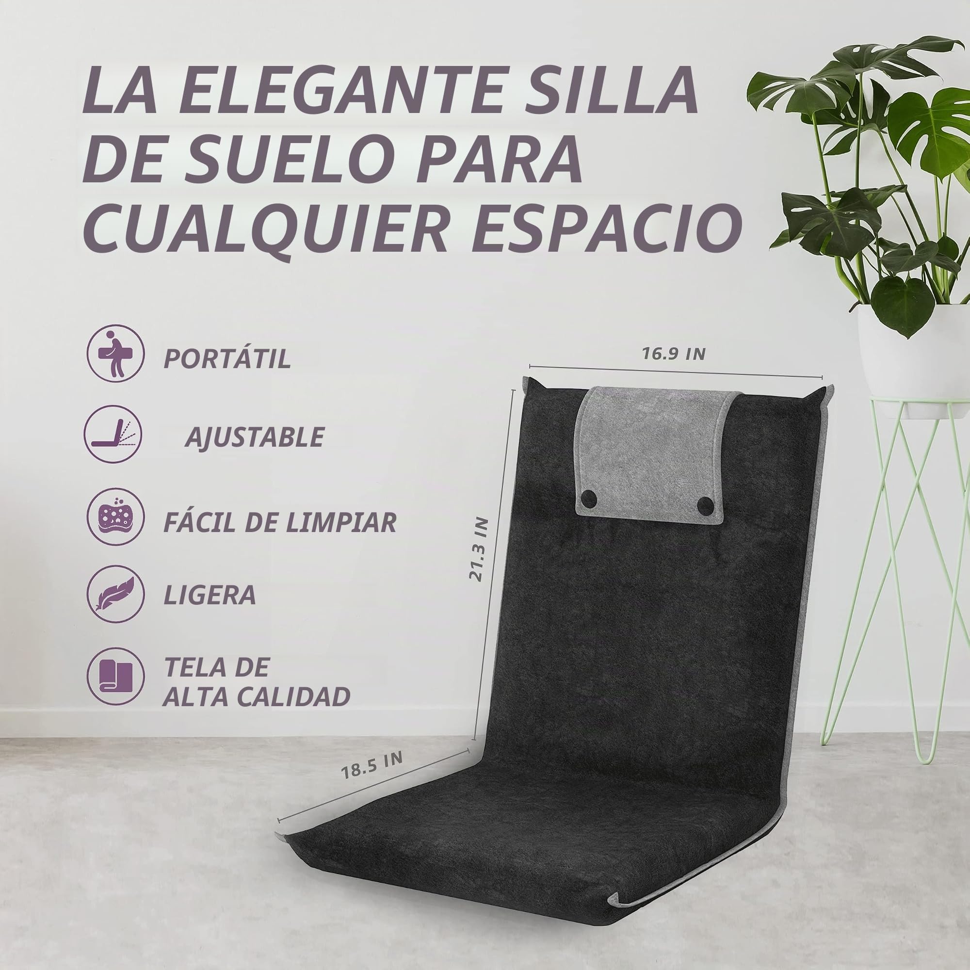 bonVIVO Sillón Lectura y Relax – Silla Cama de Suelo Plegable con Respaldo Reclinable – Silla Meditación, Yoga, Gaming, TV y Lectura – Sofá Bajo Portátil y Acolchado Gris Oscuro