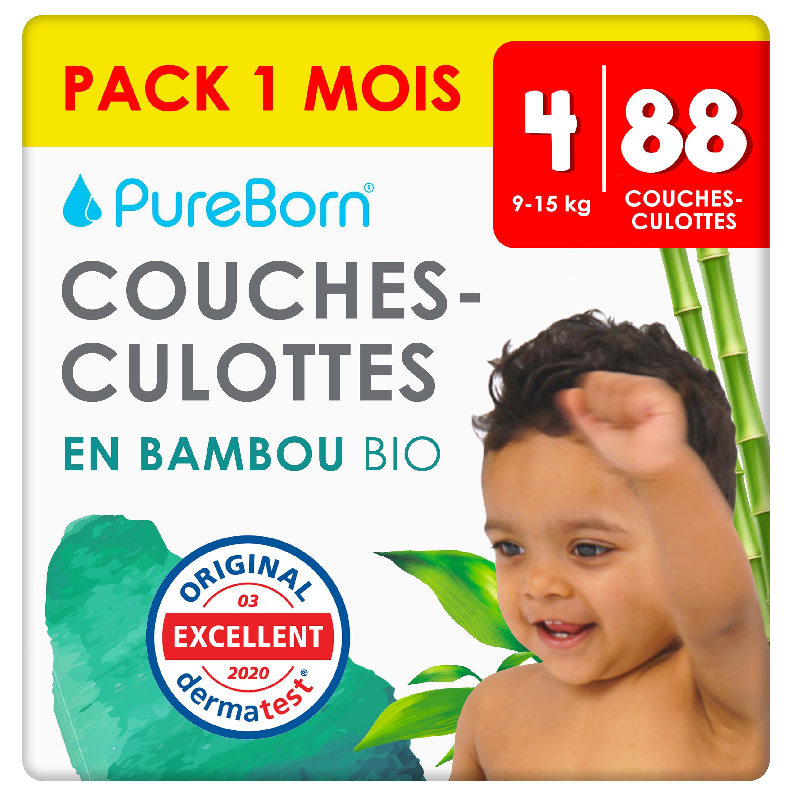 PureBorn 88 Couches Culottes Taille 4 (9-15 kg), Ultra-Absorbantes, Hypoallergéniques, Couches Culottes douces pour Bébé, Testées Dermatologiquement, Anti-fuites en Bambou Naturel