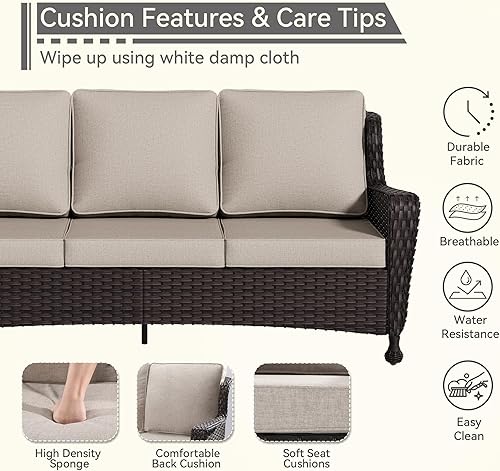 Miniatura 4 de Sofá de 3 plazas para exteriores, sofá de mimbre para patio, respaldo alto, cojines de asiento de 4 pulgadas, extraíble, reposabrazos ampliado, para