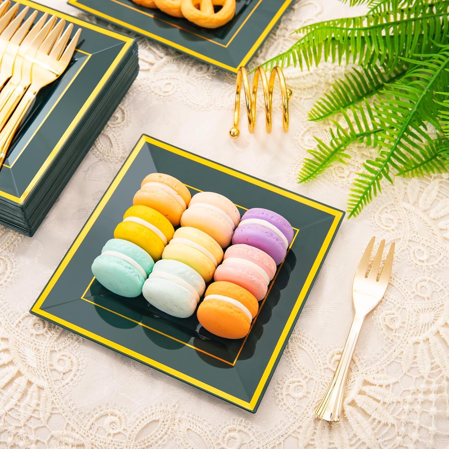 WDF 200PCS Green and Gold Plastic Dessert Plates with Plastic Forks -6’’ 100 Square Disposable Appetizer Plates Small Plates Cake Plates with Gold&100 Green Small Appetizer Forks for Easter