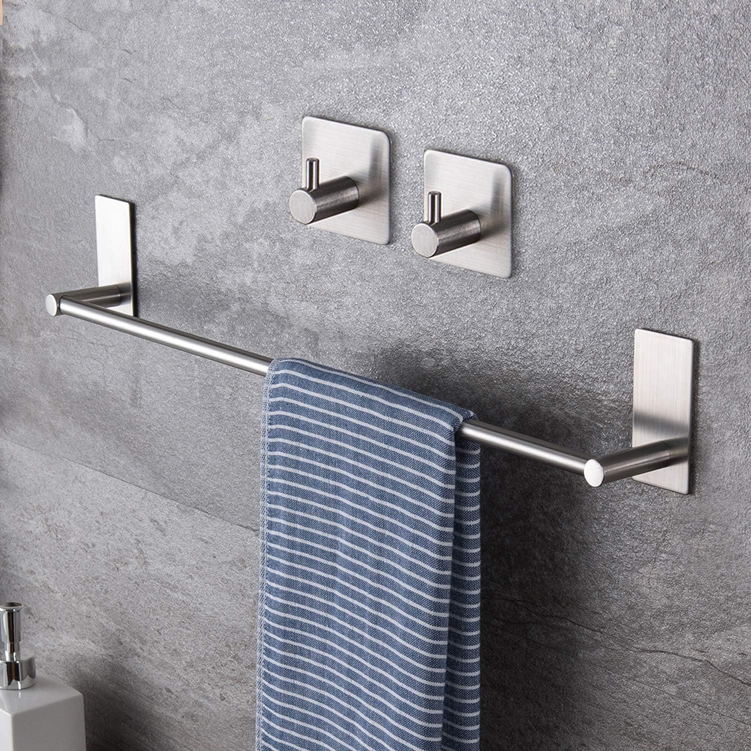 Taozun 16" Towel Bar - Adhesive Bathroom Towel Holder with 2 Towel Hooks Stainless Steel Bathroom Hardware Accessories Kit No Drilling