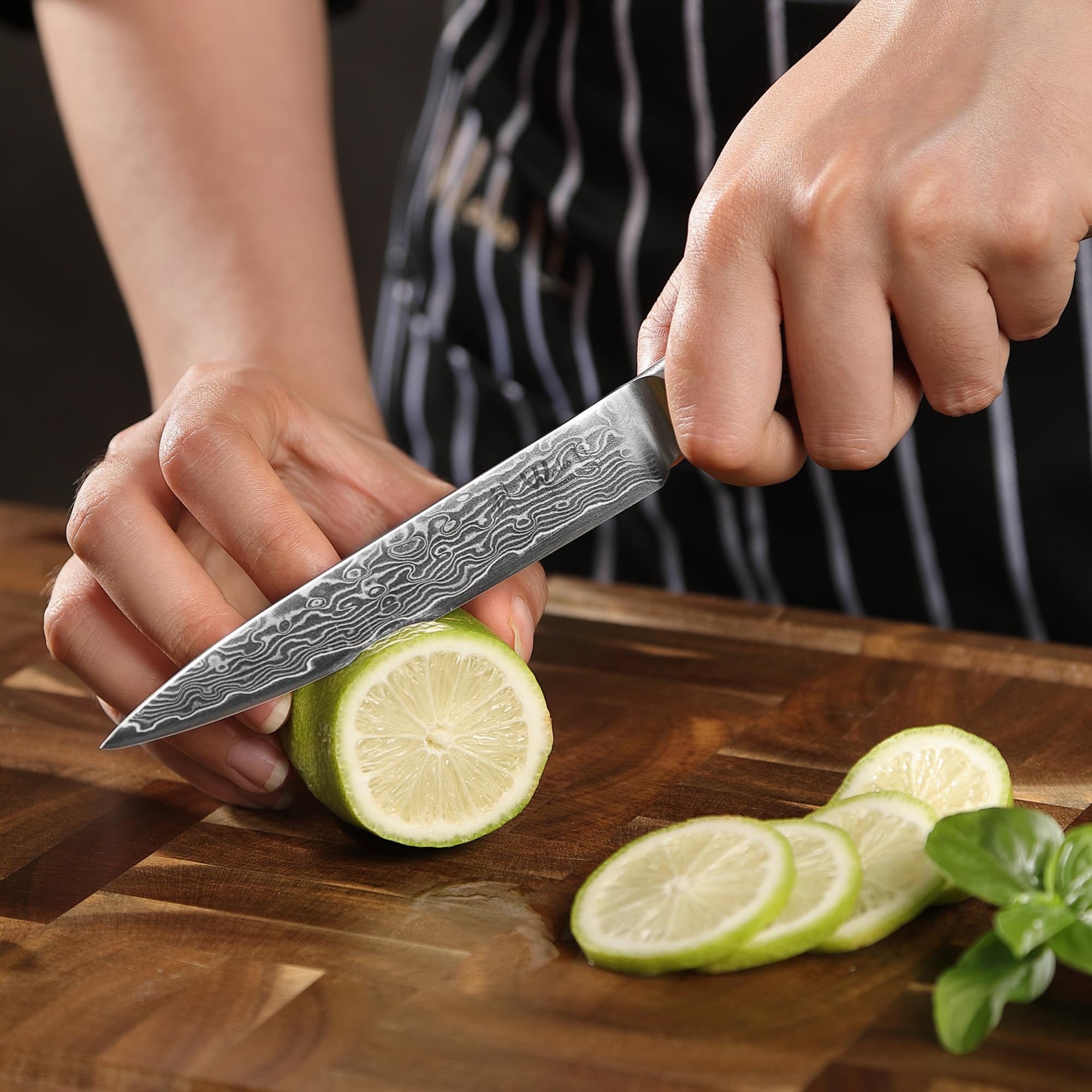 WAKOLI EDIB PRO Couteau Universel en Damas, 12 cm, Manche en Bois de Pakka | couteau de cuisine professionnel, lame en acier Damas à 67 couches avec noyau VG10, pour fruits, légumes, viande et poisson