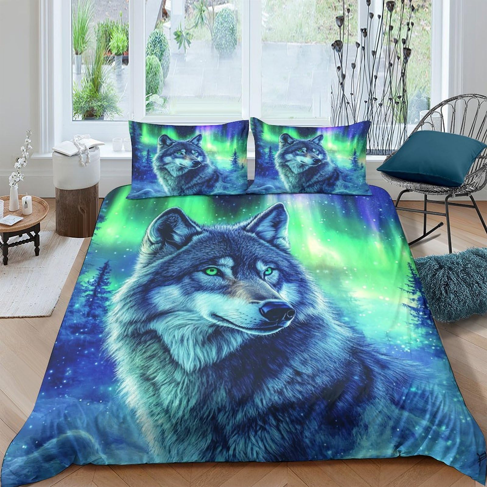 Ctjqhvkz Style-7 3D Printed Aurora Wolf Fitted Sheet Microfiber Soft Slip-Resistant Forest Mattress Cover For Bedroom Dorm Decorative Use Single（135X200cm）
