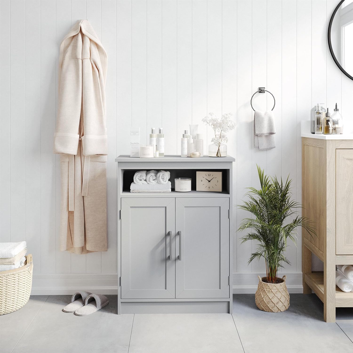Flash Furniture Vega Bathroom Storage Cabinet Organizer with 2 Magnetic Closure Doors, in-Cabinet Adjustable Shelf, Upper Open Shelf, Gray