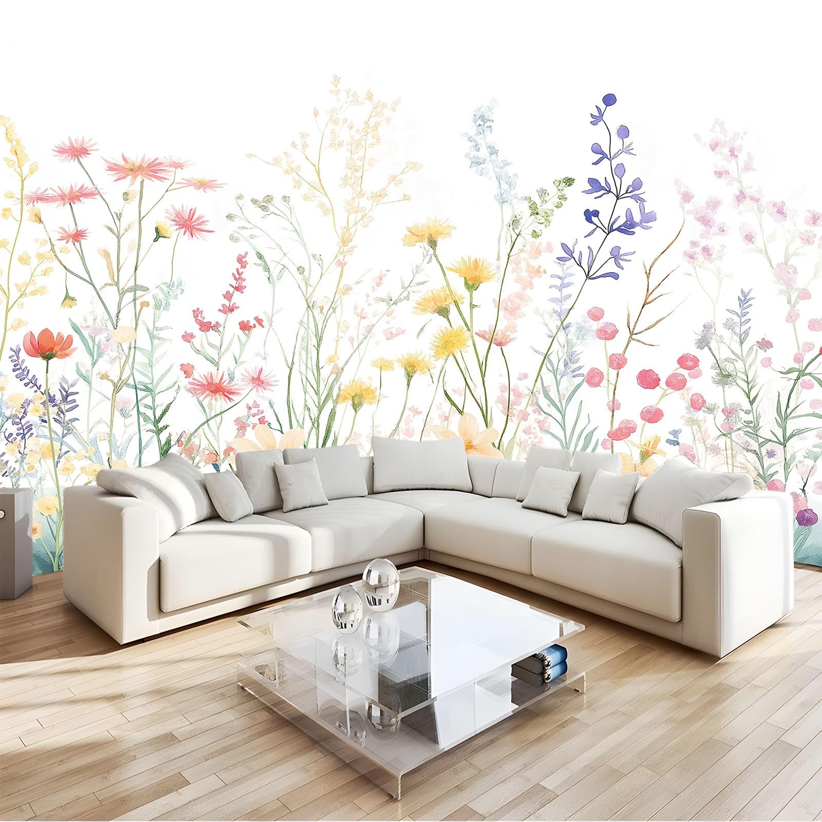 Vlies Fototapete 450 x 280 cm Aquarell Wildblumen Wiese Fototapete und Tapete, Vliestapeten Wandkunst und Wandbild, Weiß dekorative Tapete für Wohnzimmer, Schlafzimmer und Kinderzimmer