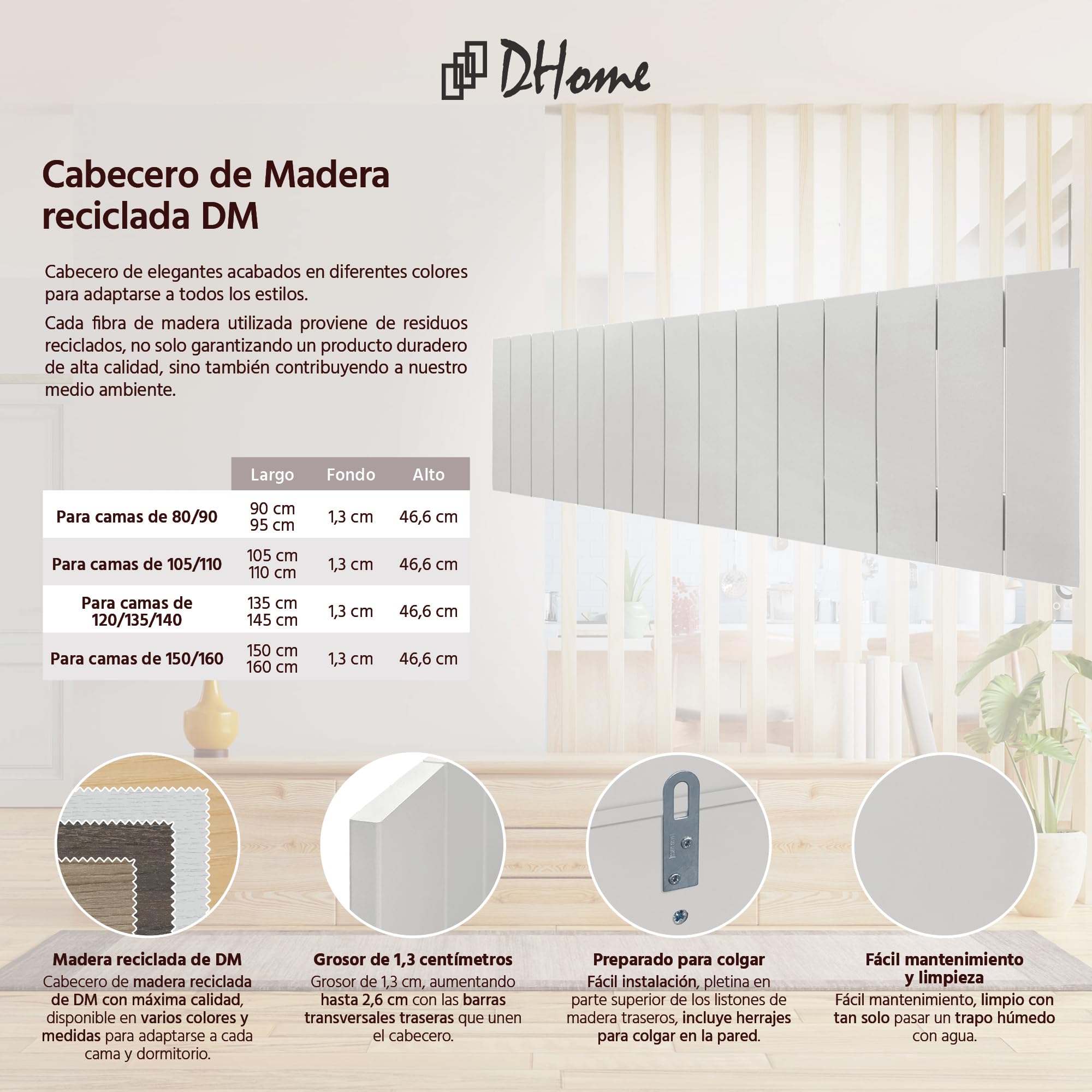 DHOME Testata in legno riciclato MDF Pallet Style letto verticale Pallet Raccordi inclusi (150cm, Bianco massiccio)