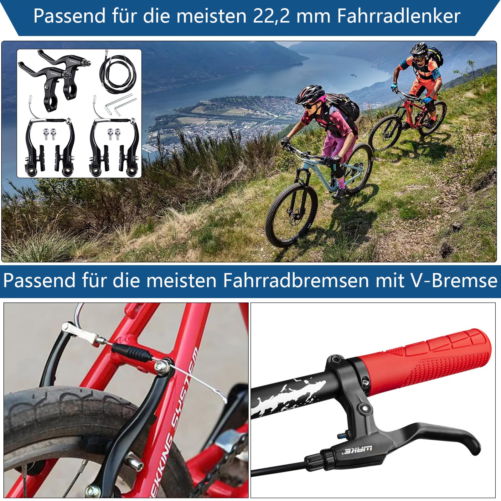 Komplettes Universal Fahrrad Bremsen Set, Vordere und Hintere MTB Bremse, innere und äußere Bremsseile und Bremshebel Kit für Mountainbikes und Rennräder (schwarz)