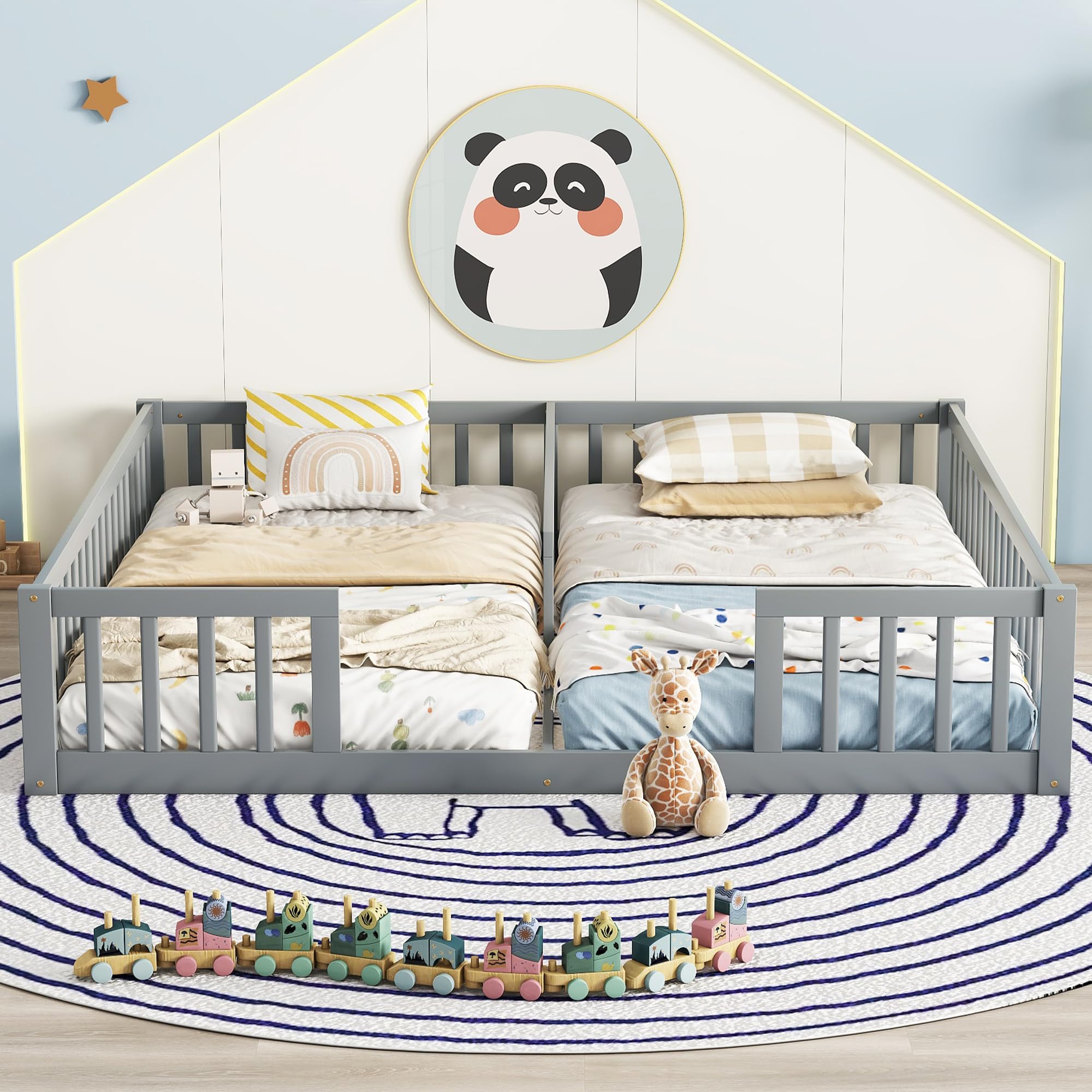 Double Floor Bed for Twins,Two Shared Beds,Twin Size Floor Bed for 2 Kids,Double Twin Bed with Guardrails for Girls,Boys,Gray