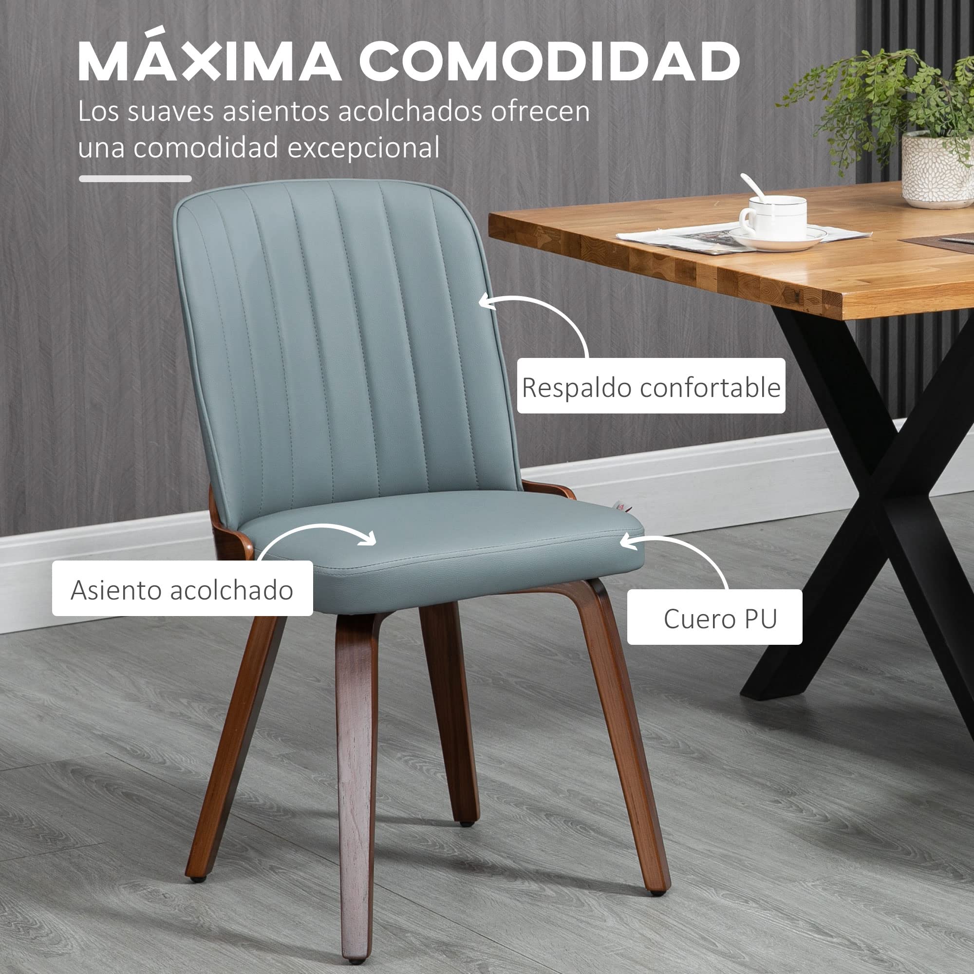 HOMCOM Pack de 2 Sillas de Comedor Modernas Carga 120 kg 47,5x57x85 cm Gris | Sillas de Cocina, Tapizados en PU, Patas de Madera, para Salón Dormitorio