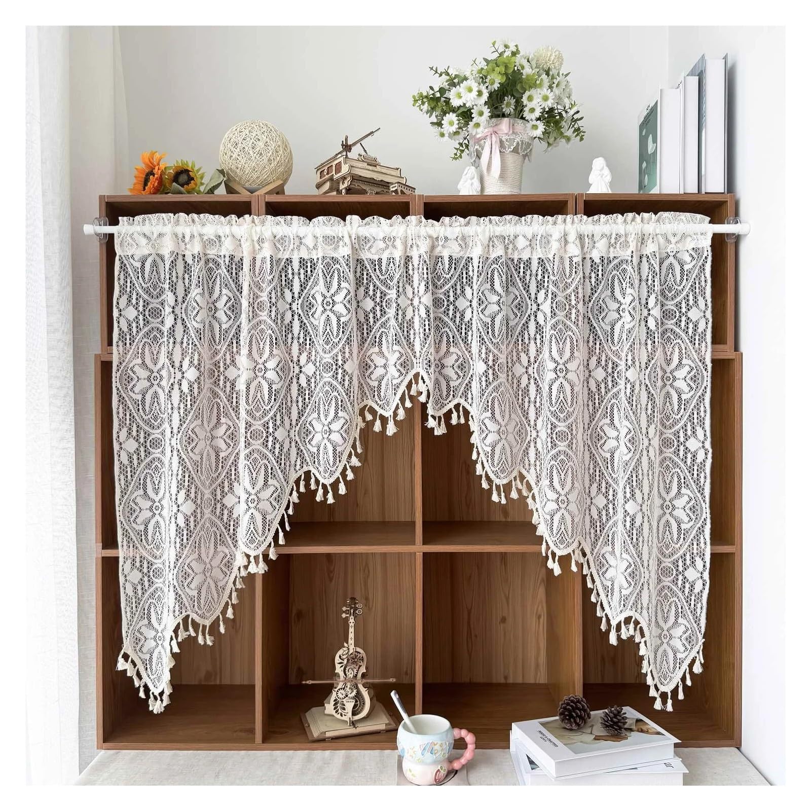 AIQIJOHI Short Curtains Retro Romantic Lace Curtain with Tassels Geometric Embroidery, Rod Pocket Design for Living Room & Bedroom Decor(1 PCS W150 X H90cm)