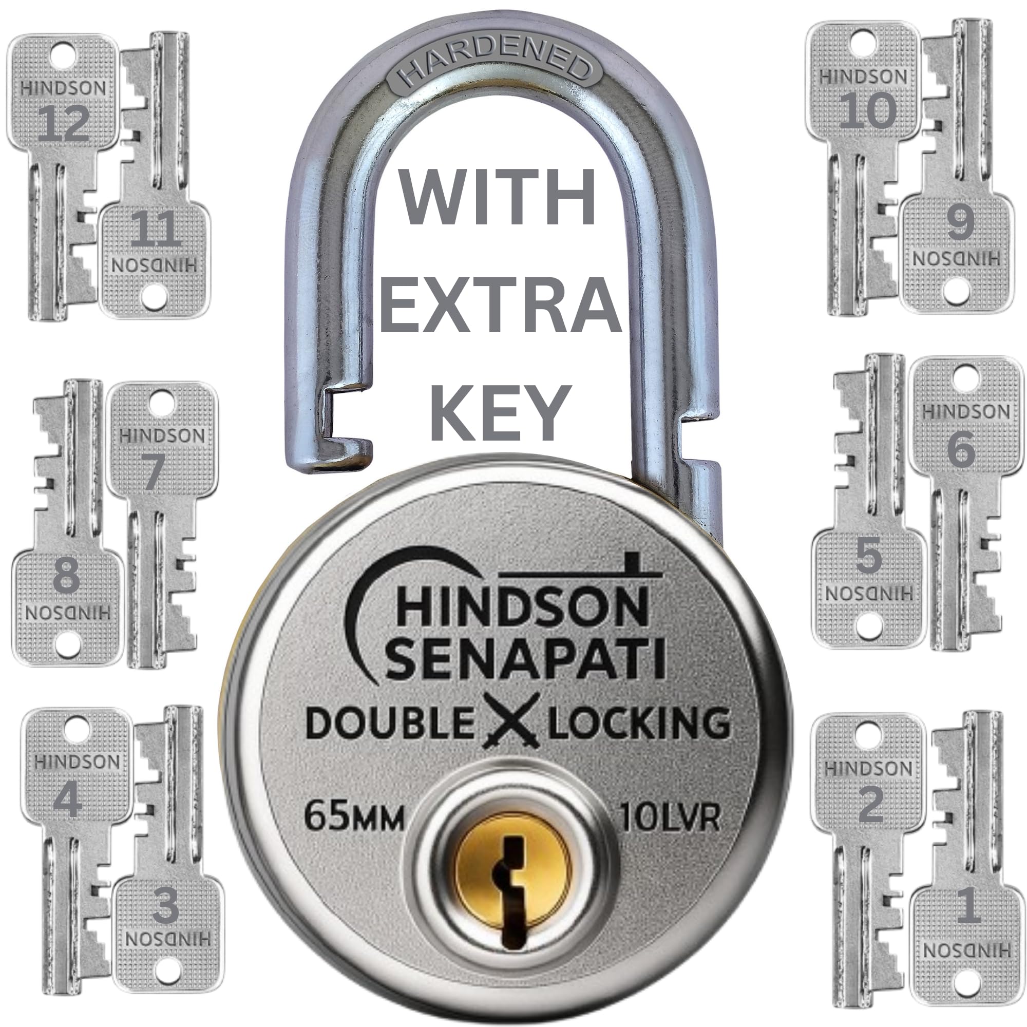 HINDSON 12 Key SENAPATI 65mm Double Locking Padlock | Heavy Duty Lock and Key for Home, Door, Gate & Shutter Security | Hardened Shackle, High Safety Padlock
