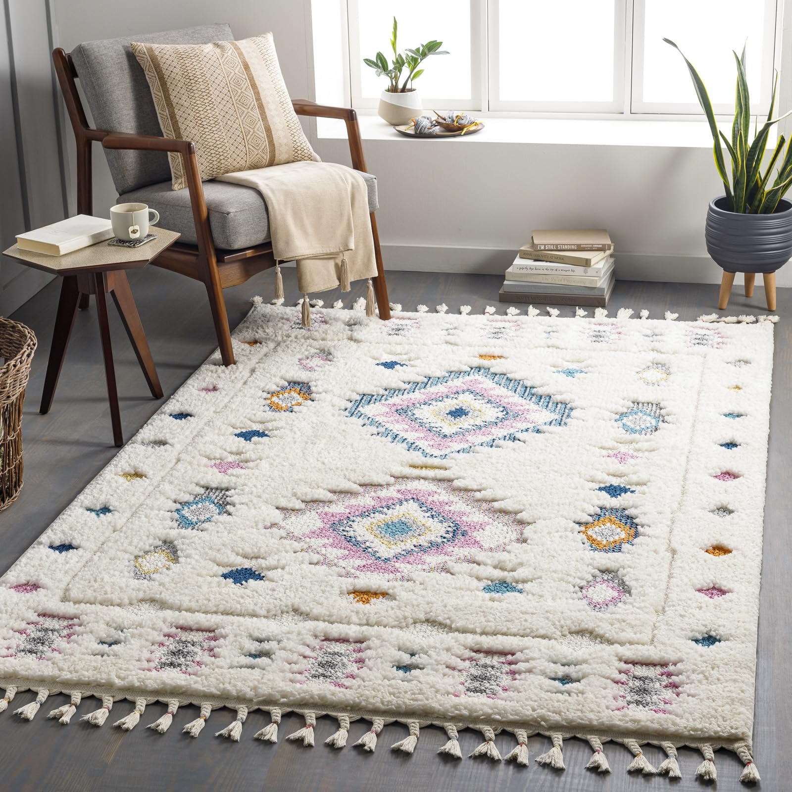 Livabliss Lofty-Shaggy Ivory Pink Blue Vintage Boho Plush Soft Pile Fringe Living Bedroom Rug 200 X 275 Cm Easy CareNon Shedding from B&Q