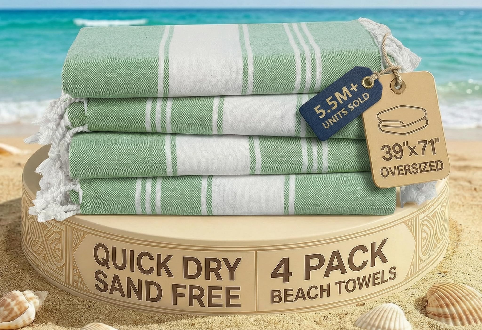Lane Linen Jade Green Oversized Turkish Beach Towels – Set Of 4, 39"X71" Lightweight & Quick Dry Pool Towels, Pre-Washed Travel Towels, Sand-Free & Absorbent,