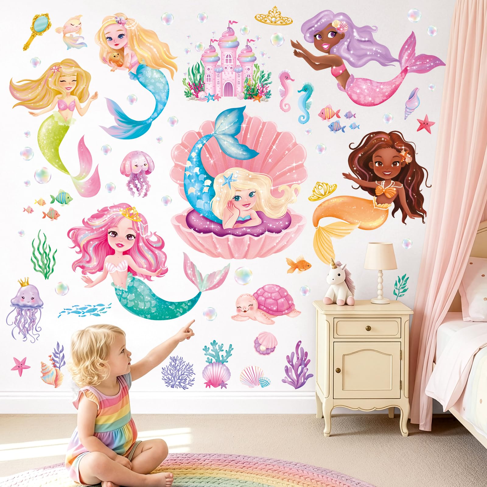 Decowall Women's Mermaid Under The Sea Wall Decals Ocean Starfish Turtle Fish Wall Stickers Baby Nursery Girls Bedroom Bathroom Wall Decor (Sg2-2511)