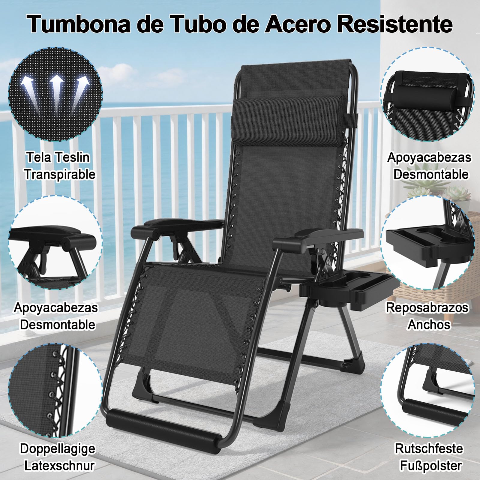 Tumbona Plegable Jardin Acolchada, Tumbonas Jardin Exterior Ajustable con Portavasos y Reposacabezas, Silla de Gravedad Cero Soporta 200 kg para Balcón Terraza (Negro, Extra Ancha 77 cm)