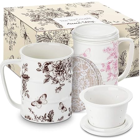 The Tea Couple Tea Infuser Mug (Set of 2) 14 oz.Vintage Porcelain Tea Cups with Ultra-Fine Mesh for Steeping - 2 ,Non-Slip Drink Coasters - Reusable Home & Office Drinkware (Vintage Butterfly)