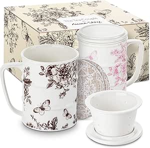 The Tea Couple Tea Infuser Mug (Set of 2) 14 oz.Vintage Porcelain Tea Cups with Ultra-Fine Mesh for Steeping - 2 ,Non-Slip Drink Coasters - Reusable Home &amp; Office Drinkware (Vintage Butterfly)