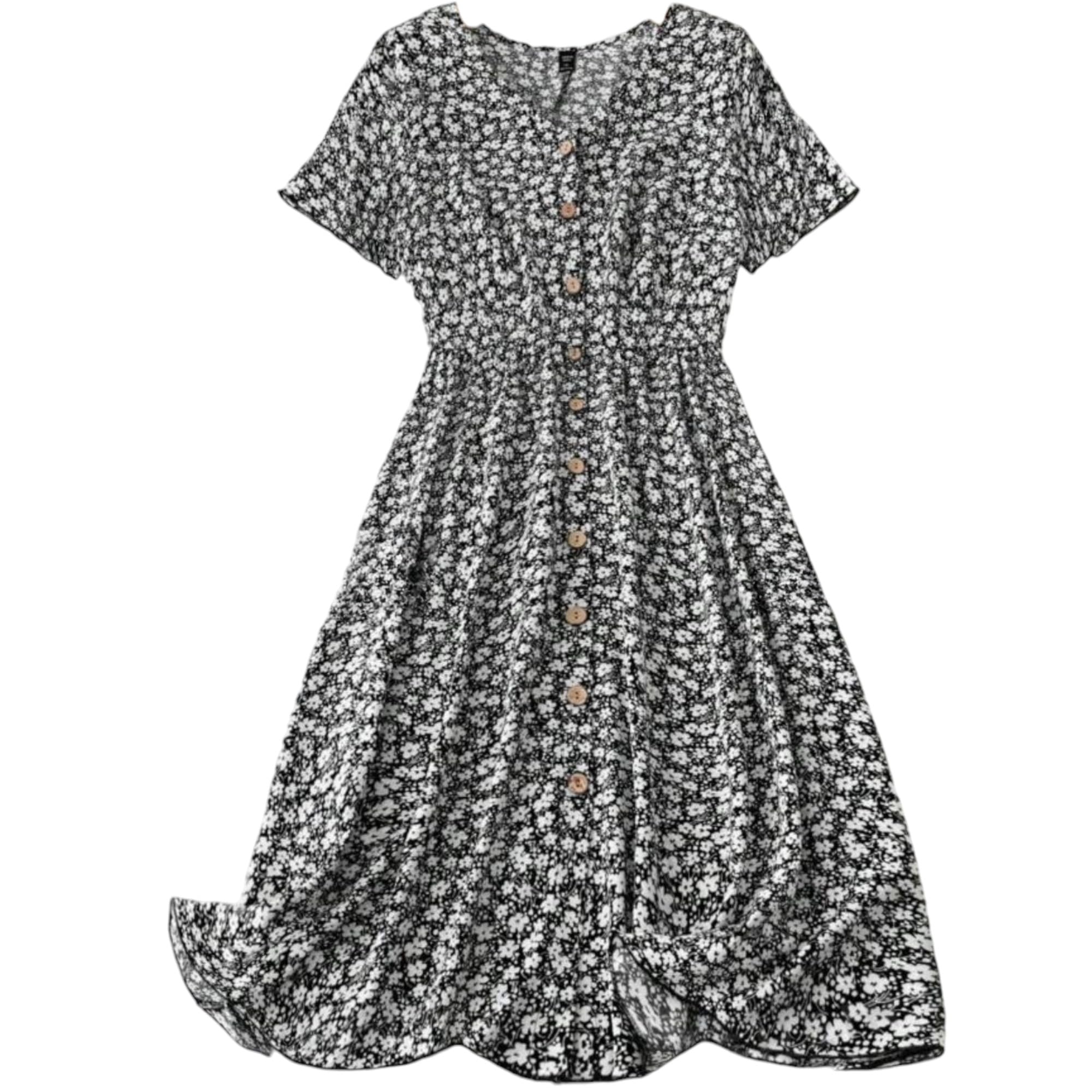 Gufrina Women's Abstract Floral Print A-Line Dress - Button-Down Midi Dress With Short Sleeves (Black Xl)