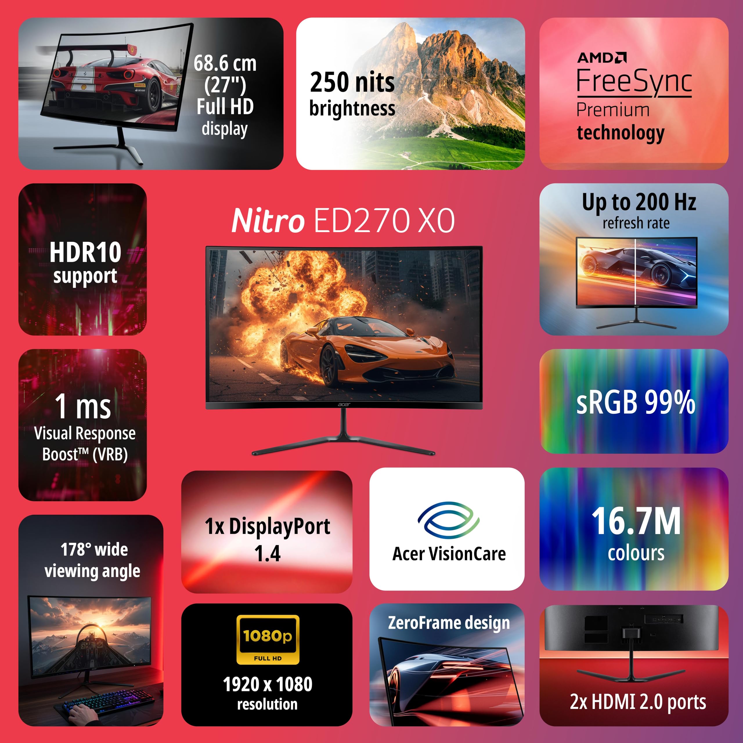 Acer Nitro ED270 X0 27 inch Full HD 1920×1080 VA Curved Gaming Monitor | 200 Hz Refresh | 1 ms VRB | AMD FreeSync Premium | HDR10, sRGB 99% | ZeroFrame | Tilt Adjust | HDMI & DisplayPorts | Black — Amazon image 8
