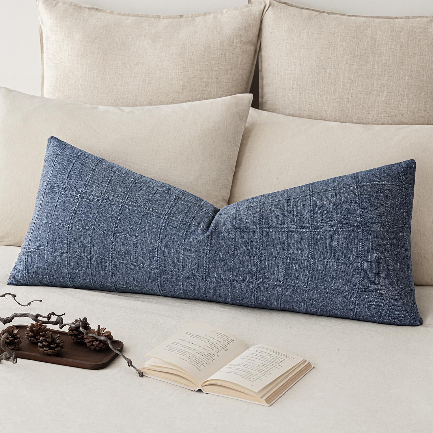 Foindtower Set of 1 Decorative Linen Check Throw Pillow Cover Neutral Long Body Lumbar Cushion Cover Farmhouse Vintage Home Decor for Sofa Chair Couch Bedroom Living Room,14×36 Inch,Blue