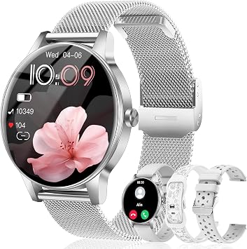 Smart Watches for Women, 1.27 TFT Fitness Watch With Bluetooth Answer/Make Call,24H Heart Rate/SpO2/Sleep Monitor/Menstrual Cycle/120+ Sports Fitness Tracker for iPhone Android iOS4 Straps,Silver