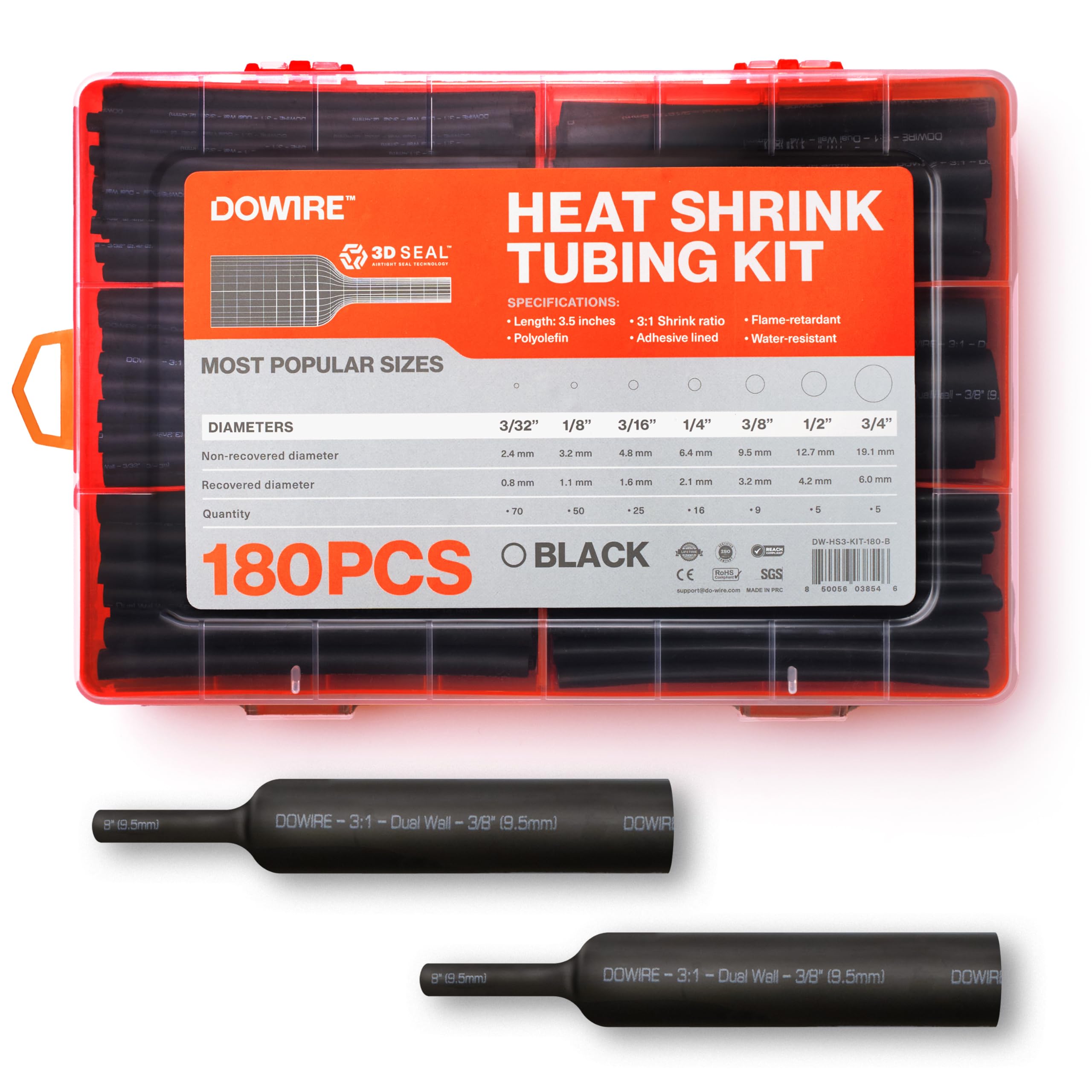 Dowire Heat Shrink Tubing Kit - 3:1 Ratio - Adhesive Lined - Wire Shrink Wrap Tubing - Waterproof Marine Grade Shrink Tube - 180 PCS - Black