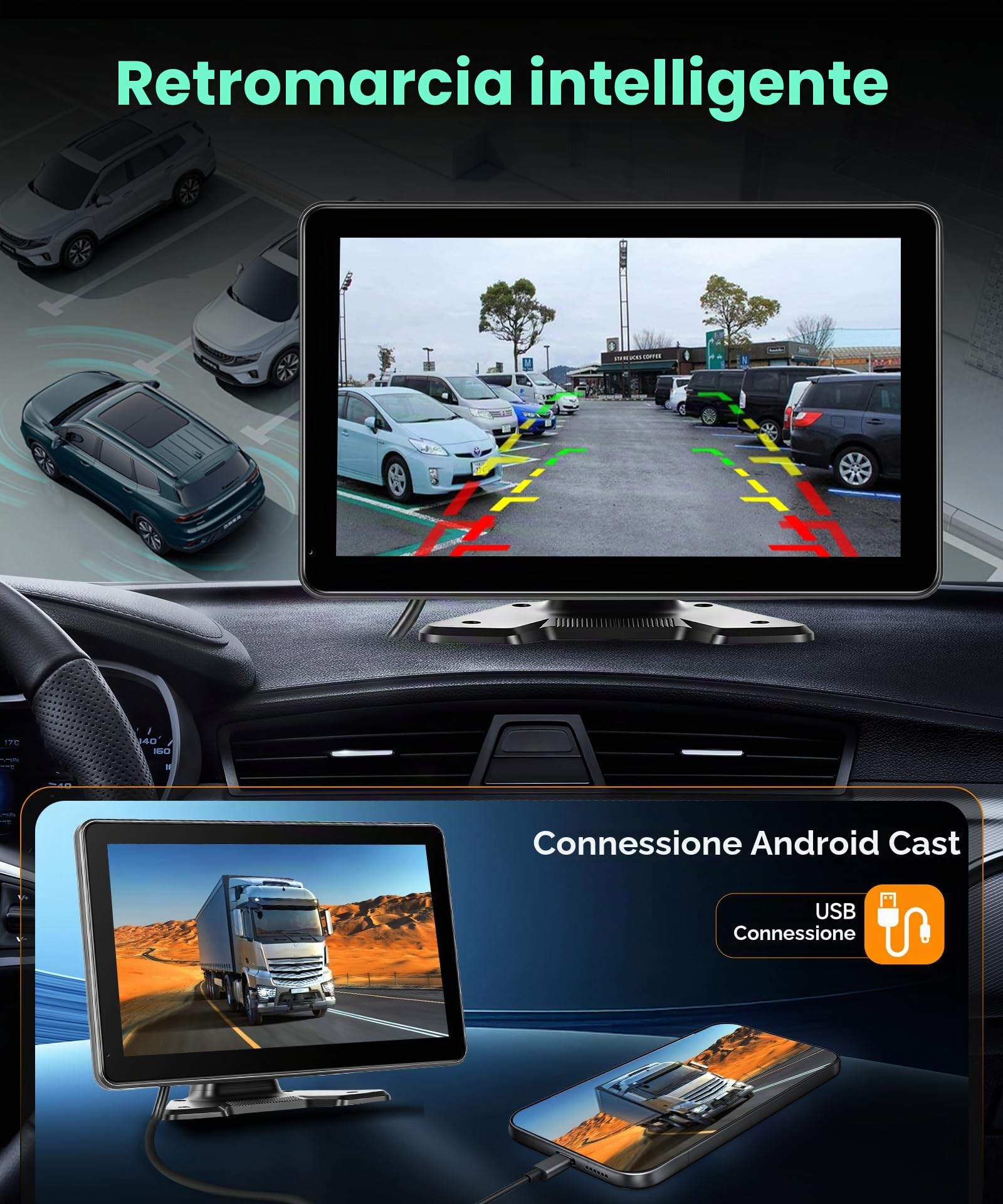 VECHTEL Monitor per auto IPS 10.1'' con 4 Telecamere, Kit Telecamera Posteriore con DVR BSD Impermeabile IP68 Visione Notturna Super Grandangolo con Linea Guida, Cavo 5M/15M, 6.5-36V per Camper Camion