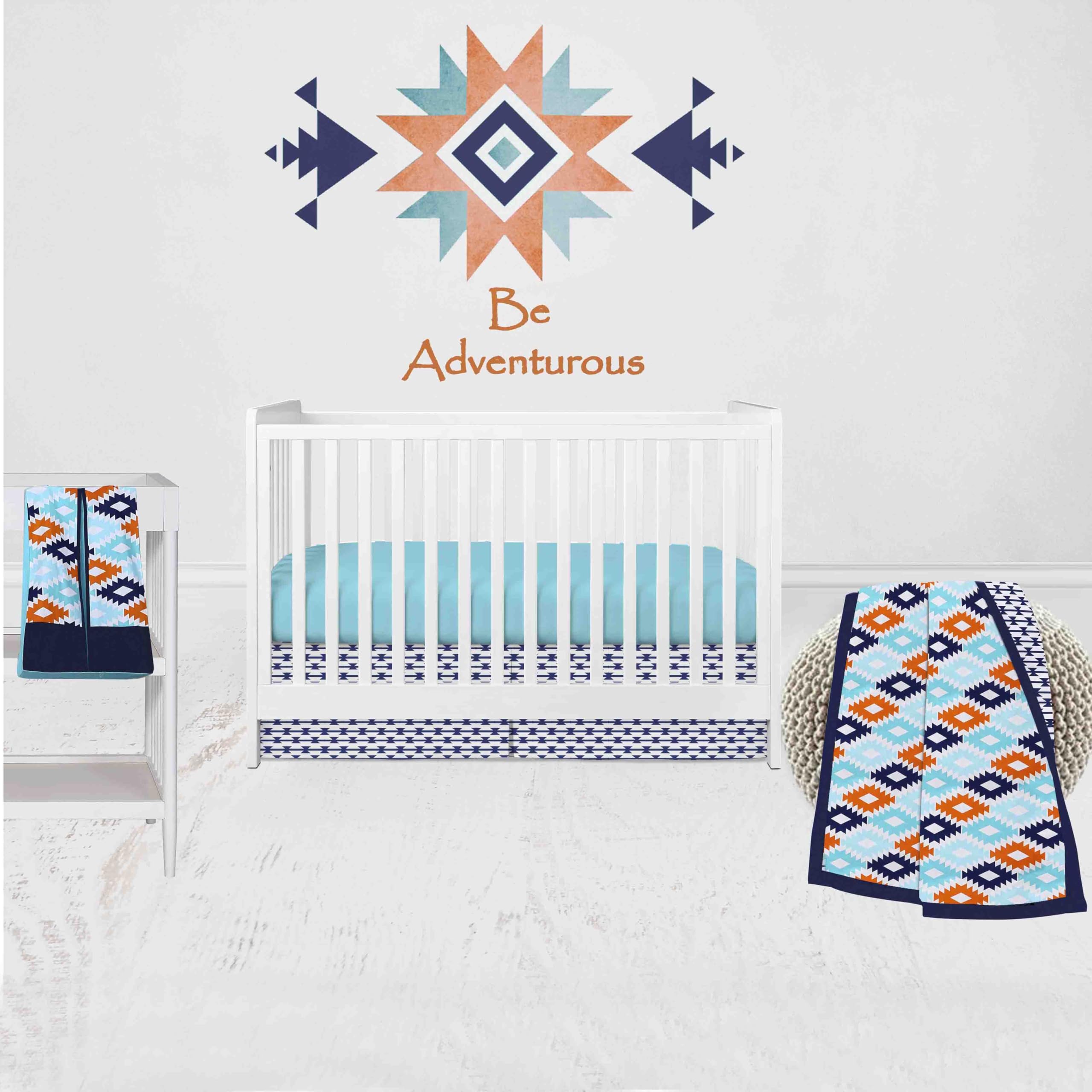 Bacati - Aztec Print Liam Aqua Orange Navy 4 pc Crib Bedding Set with Diaper Caddy
