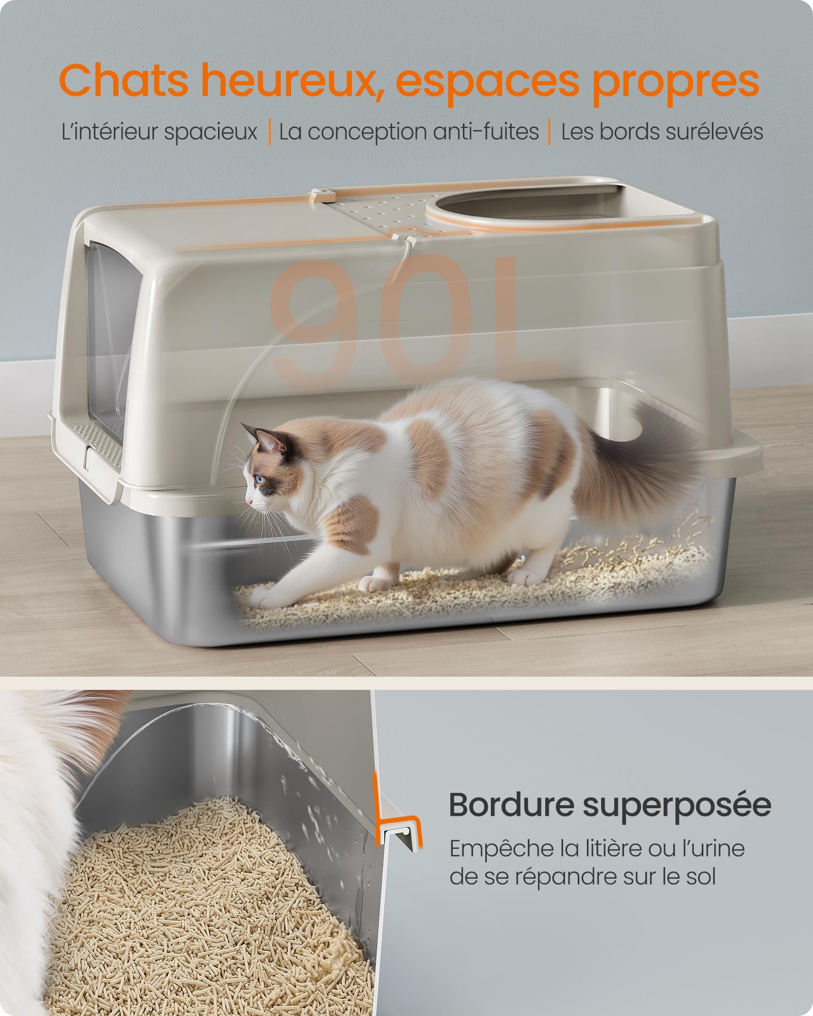 Feandrea Bac à Litière pour Chat, en Acier Inoxydable, avec Couvercle Basculant, Grande Taille, Design Étanche, Pelle, Brosse, Double Entrée, pour Chats Jusqu'à 15 kg, Beige Cappuccino PPT005K01