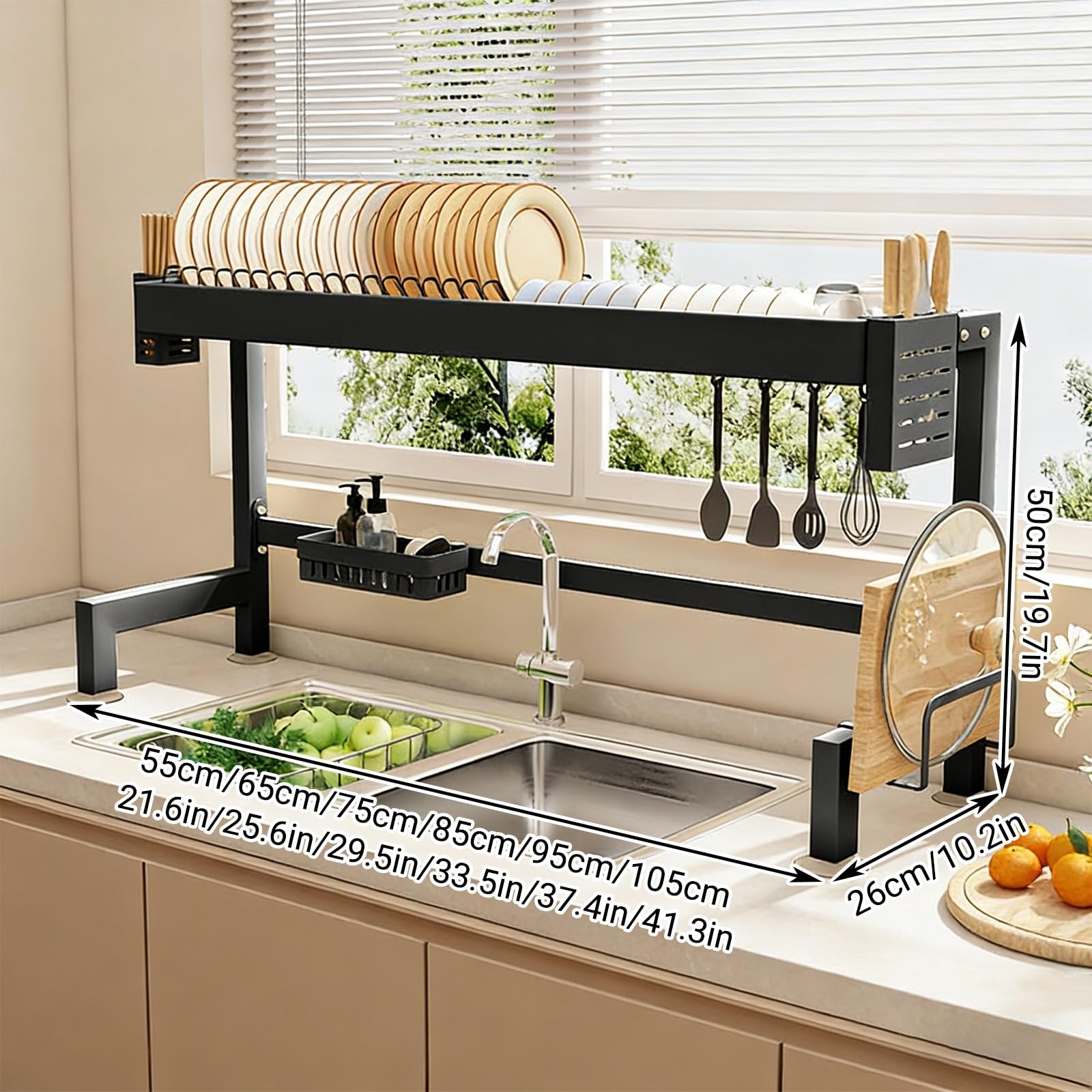 Escurridor de platos sobre fregadero, acero al carbono de 2 niveles con soporte extraíble para cubiertos, diseño que ahorra espacio para platos, vasos y cubiertos
