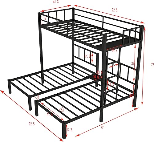 Miniatura 2 de Livavege Litera triple para 3 niños con marco de litera individual sobre individual, con escalera y barandilla de seguridad, litera triple de metal