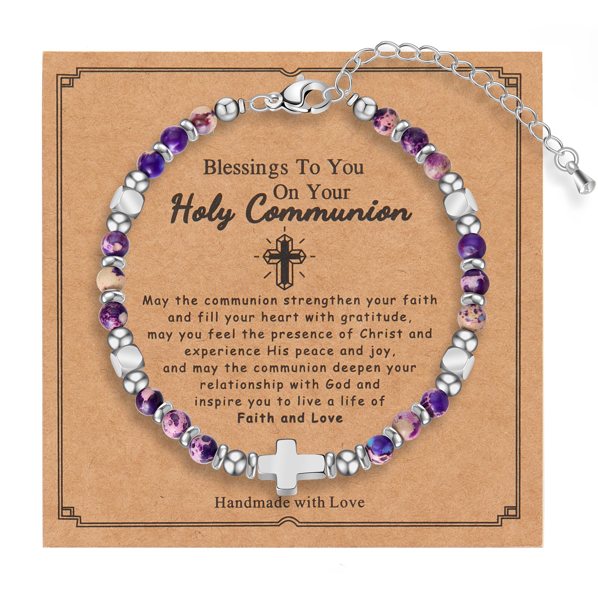 Tiny Natural Gemstone Cross Charm Bracelet, Christian First Communion Gifts for Daughter Girlfriend Mother, Meaningful Jewelry