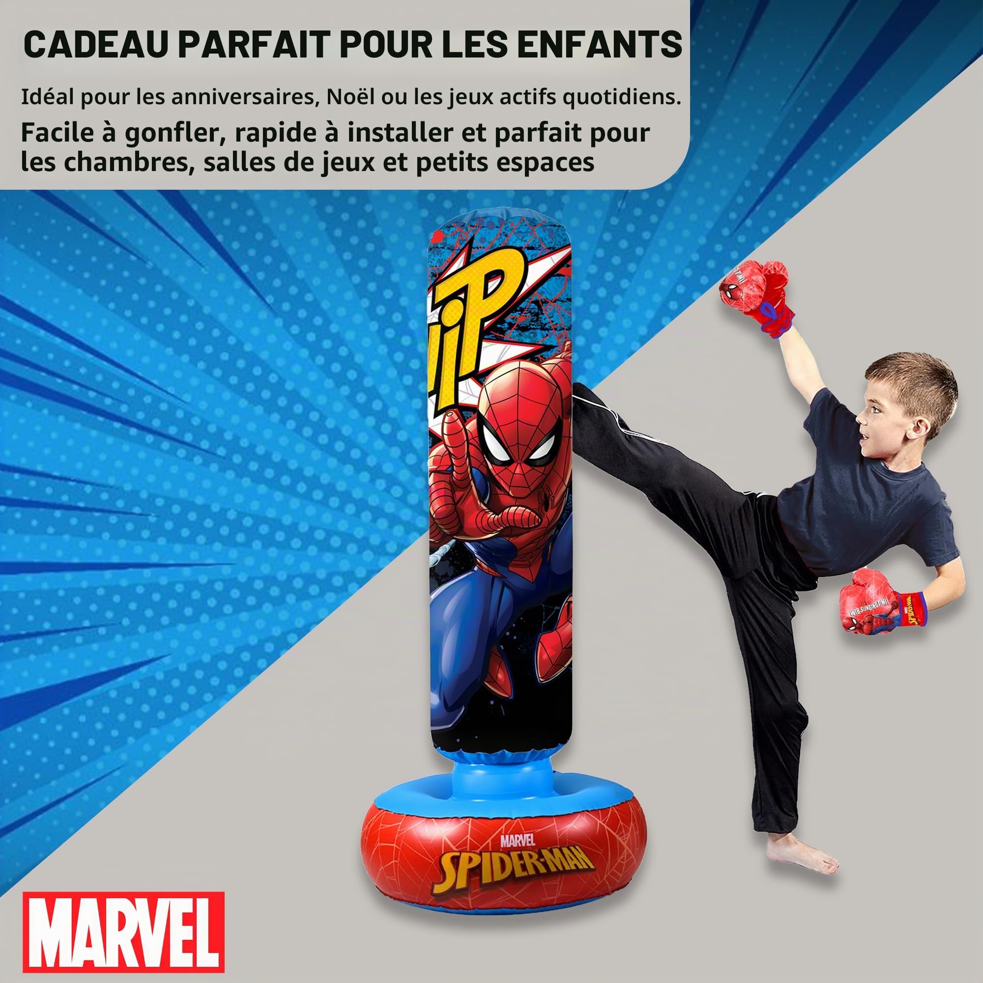 Hy-Pro Sac de Boxe Gonflable Spiderman sous Licence Officielle avec Gants de Boxe – Sac de Boxe sur Pied pour Enfants, Jouets et Cadeaux, 5 Ans et Plus