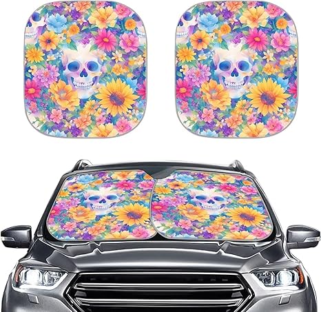 2 Set Sugar Skull Sunflower Auto Windshield Sunshade, Ditsy Flowers Skulls Front Windshield Shade for Sun Heat UV Rays, Mexican Day of Dead Universal Car Accessories