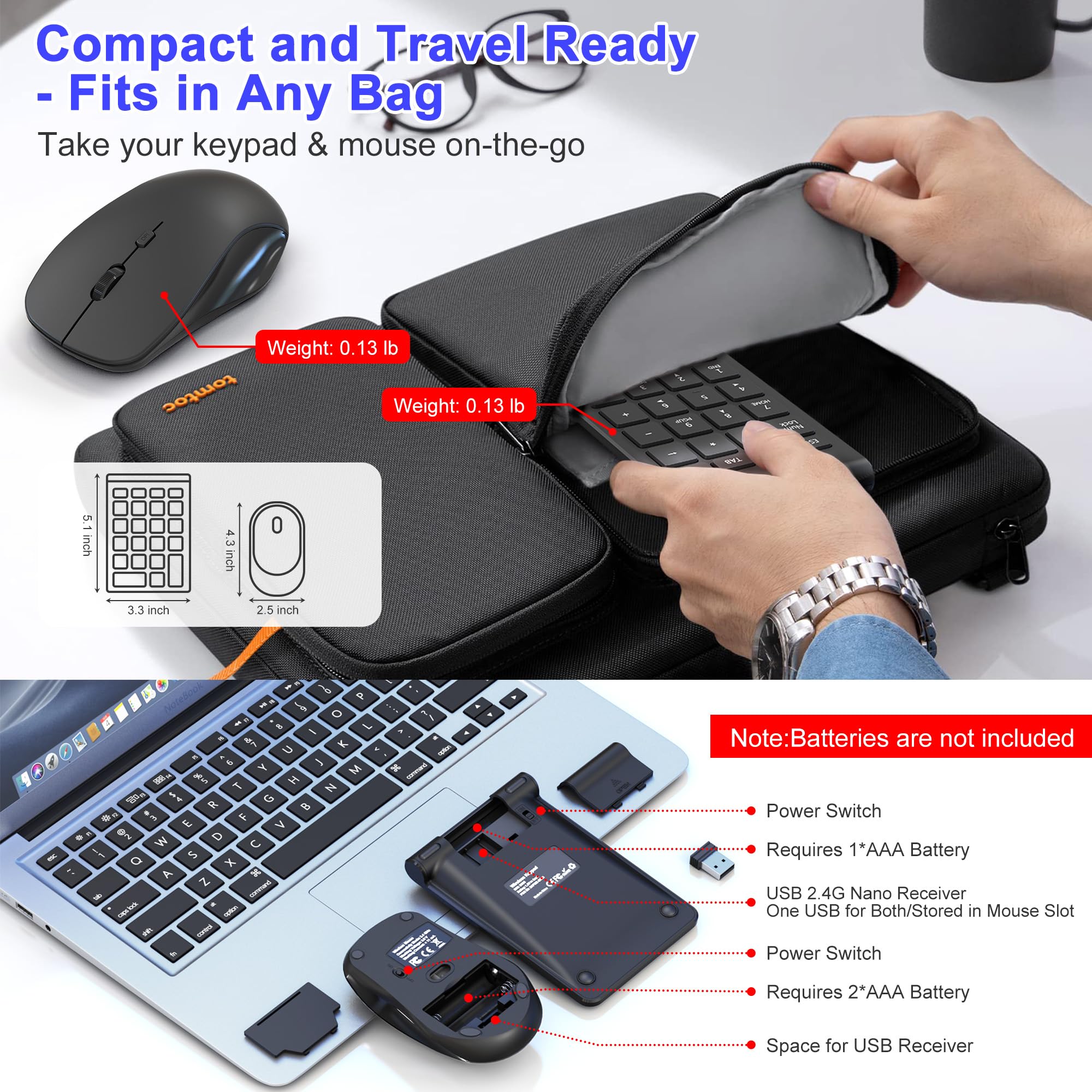 Combo de mouse inalámbrico y almohadilla numérica, teclado USB de 22 teclas y 3 mouse silencioso DPI ajustables, teclado numérico ultra delgado y portátil de 2.4 GHz para laptop, PC, escritorio