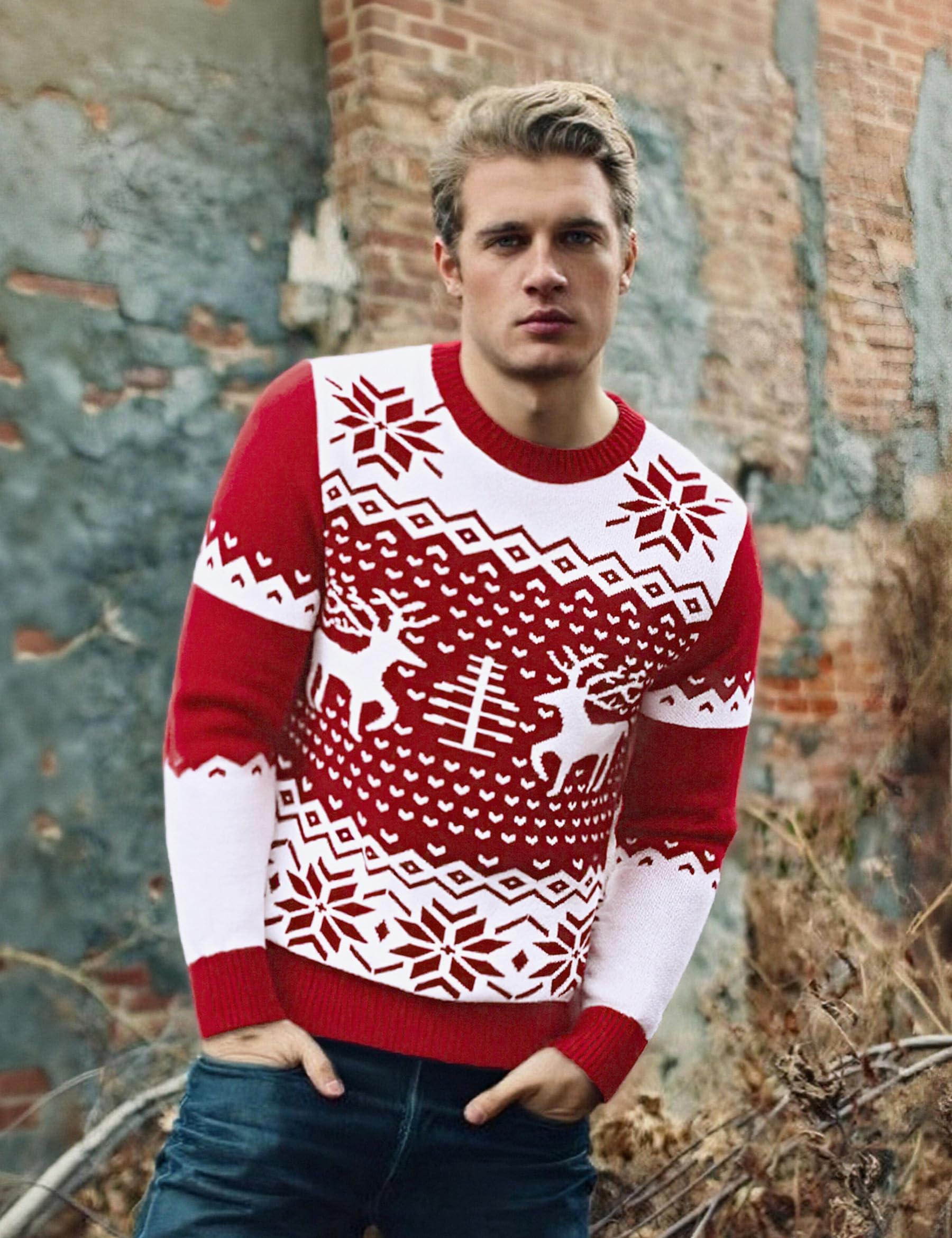 Demegimi Jersey de Navidad Hombre Invierno Suéter de Navidad Cuello Redondo Christmas Jumper Hombre Manga Larga S-XXL