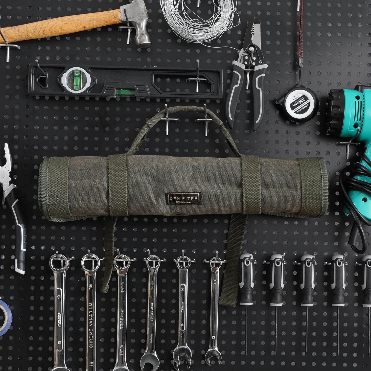 Wrench Roll Up Organizer Pouch,Heavy Duty 16oz Waxed Canvas Tool Bag, 24 Pockets Tool Roll Bag with Buckle