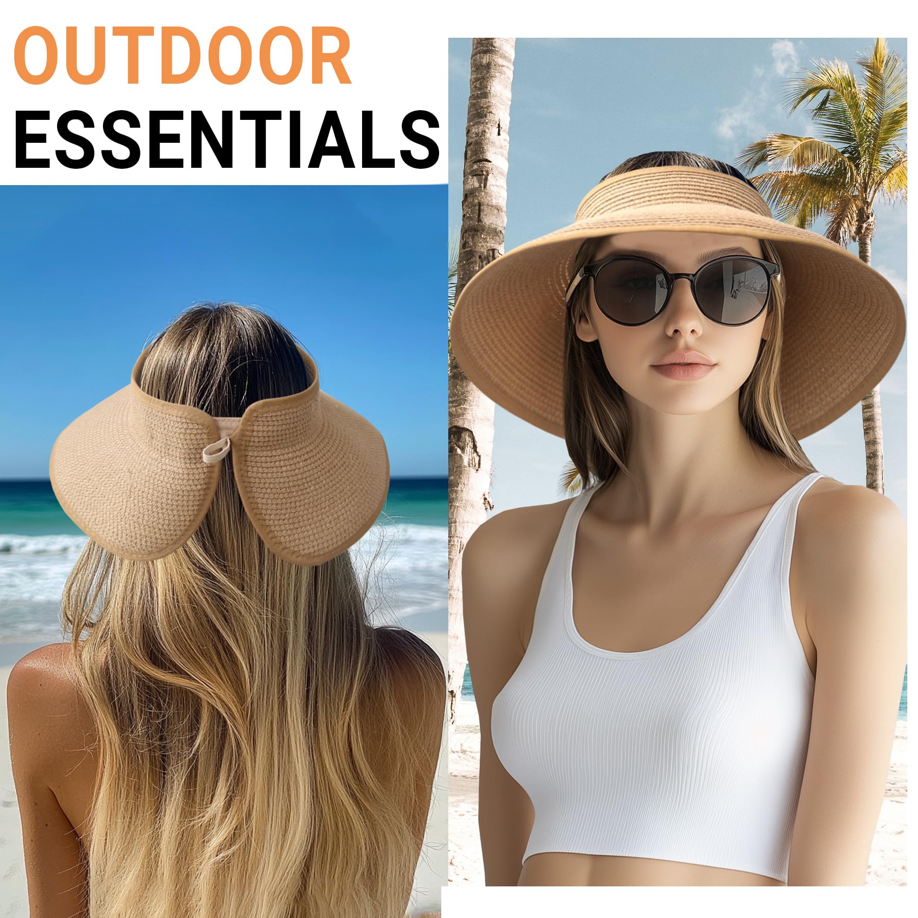 PFFY Sun Hats for Women Straw Beach Hat Packable Foldable Wide Brim Ponytail Travel Visor