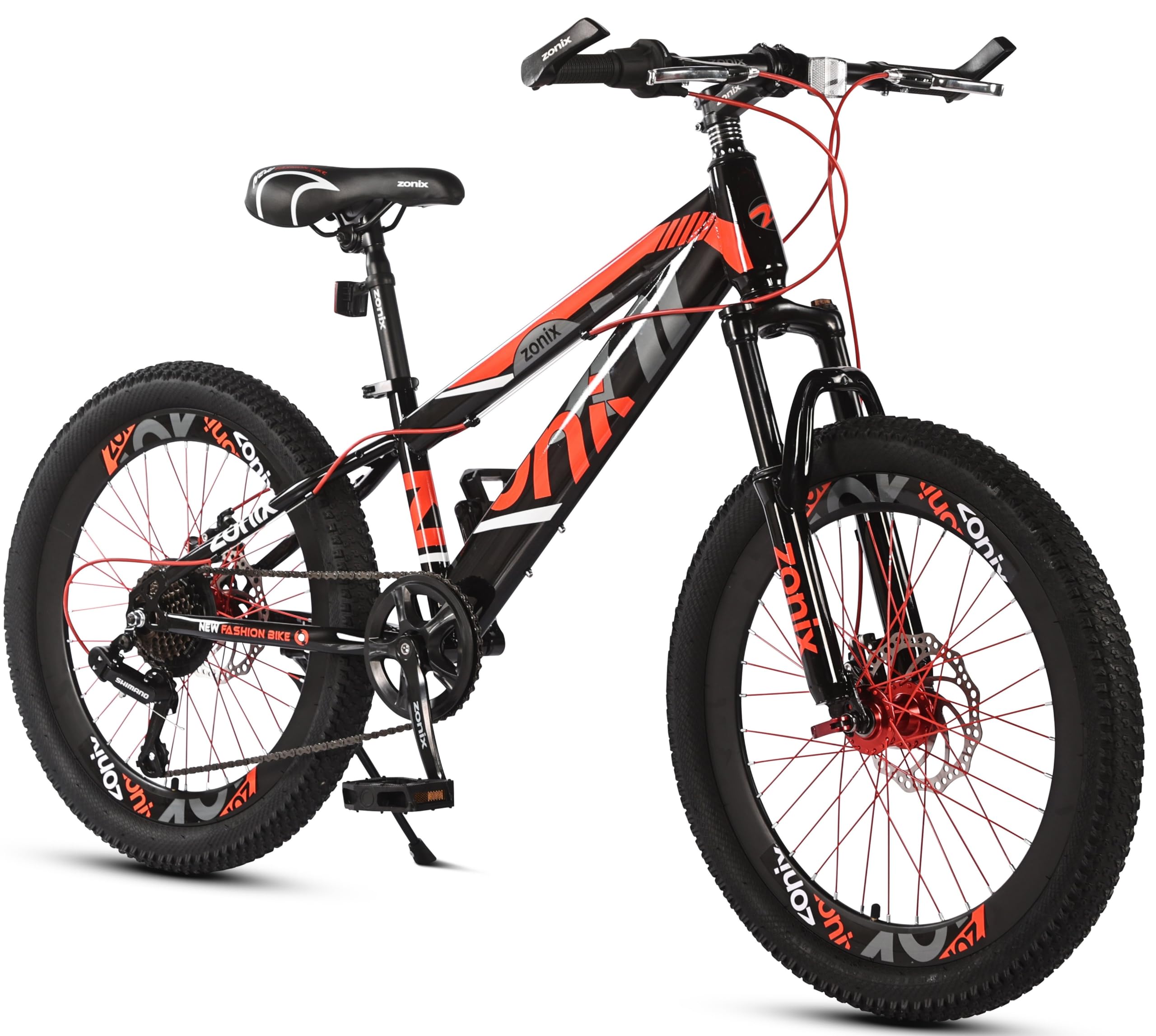 Zonix Kinderfahrrad 22 Zoll Mountainbike für Jungen und Mädchen von 6–10 Jahren – Shimano 7-Gang Schaltung, Doppelscheibenbremsen, gefedert, Rot