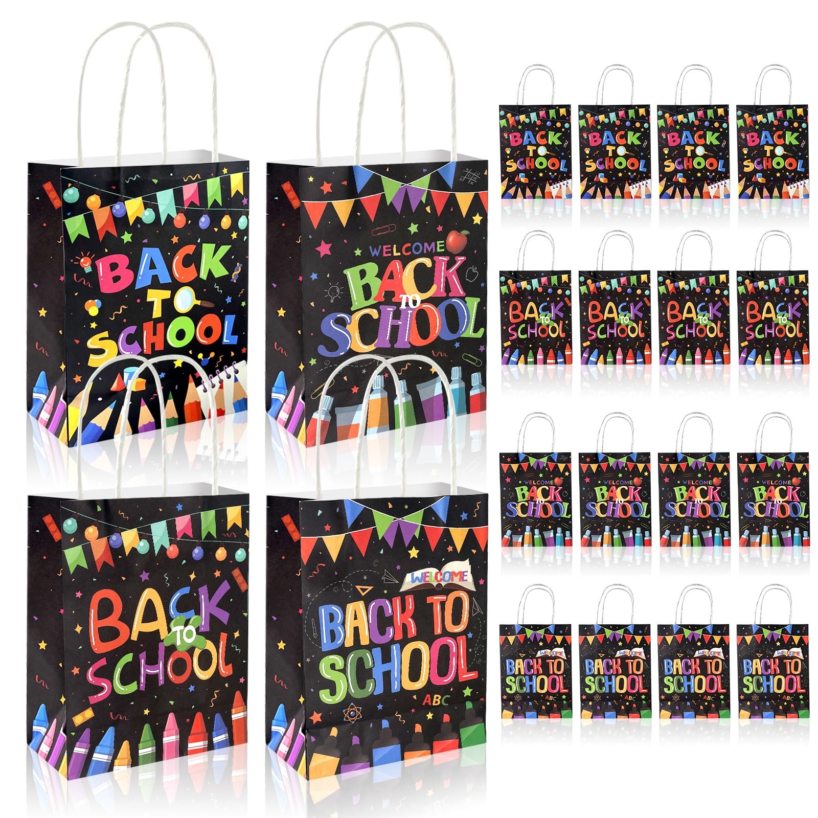 ZyloQwest 24-pack of back to school kraft paper bags, colorful paintbrushes, flags, decorative gift bags with handles, suitable for first-day party