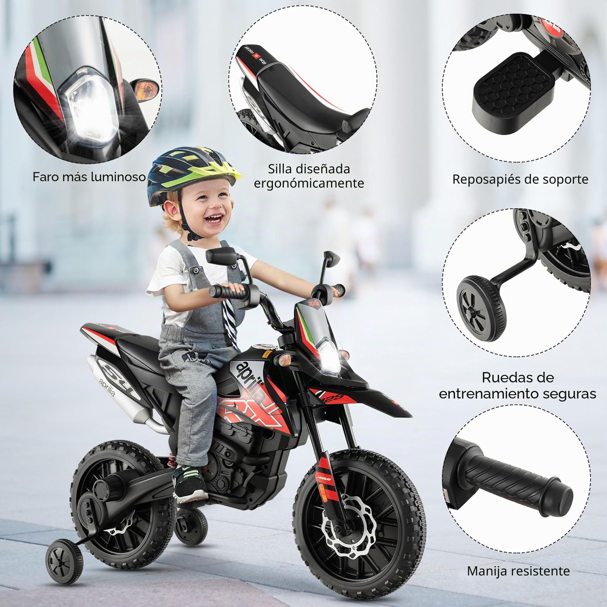 RELAX4LIFE 12V Aprilia Moto Eléctrica Niños con 2 Ruedas Auxiliares, Velocidad 5,5-6KM/H, Moto Infantil con Luces, Música, Faros, Marcha Adelante, USB y MP3 para Niños 3-8 Años, Carga 25kg (Rojo)