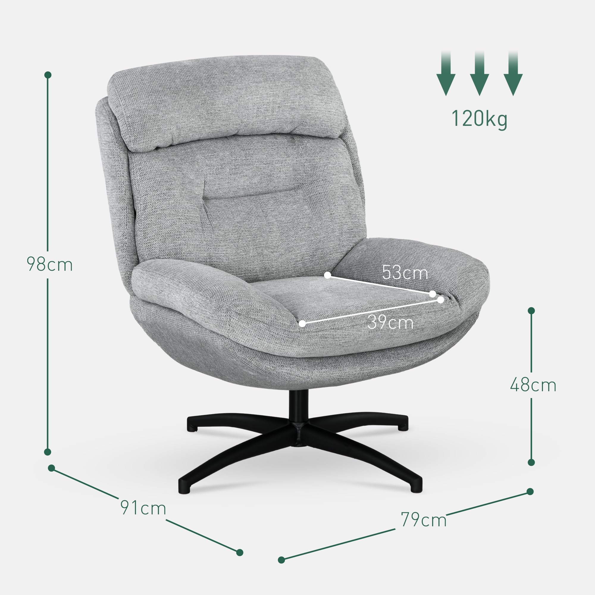 HOMCOM Sessel Wohnzimmer Drehbar Loungesessel mit Breiter Sitzfläche, Dicke Polster Schneidersitz Relaxsessel Lesesessel mit Wasserabweisend Chenille-Optik, Polstersessel für Schlafzimmer Grau